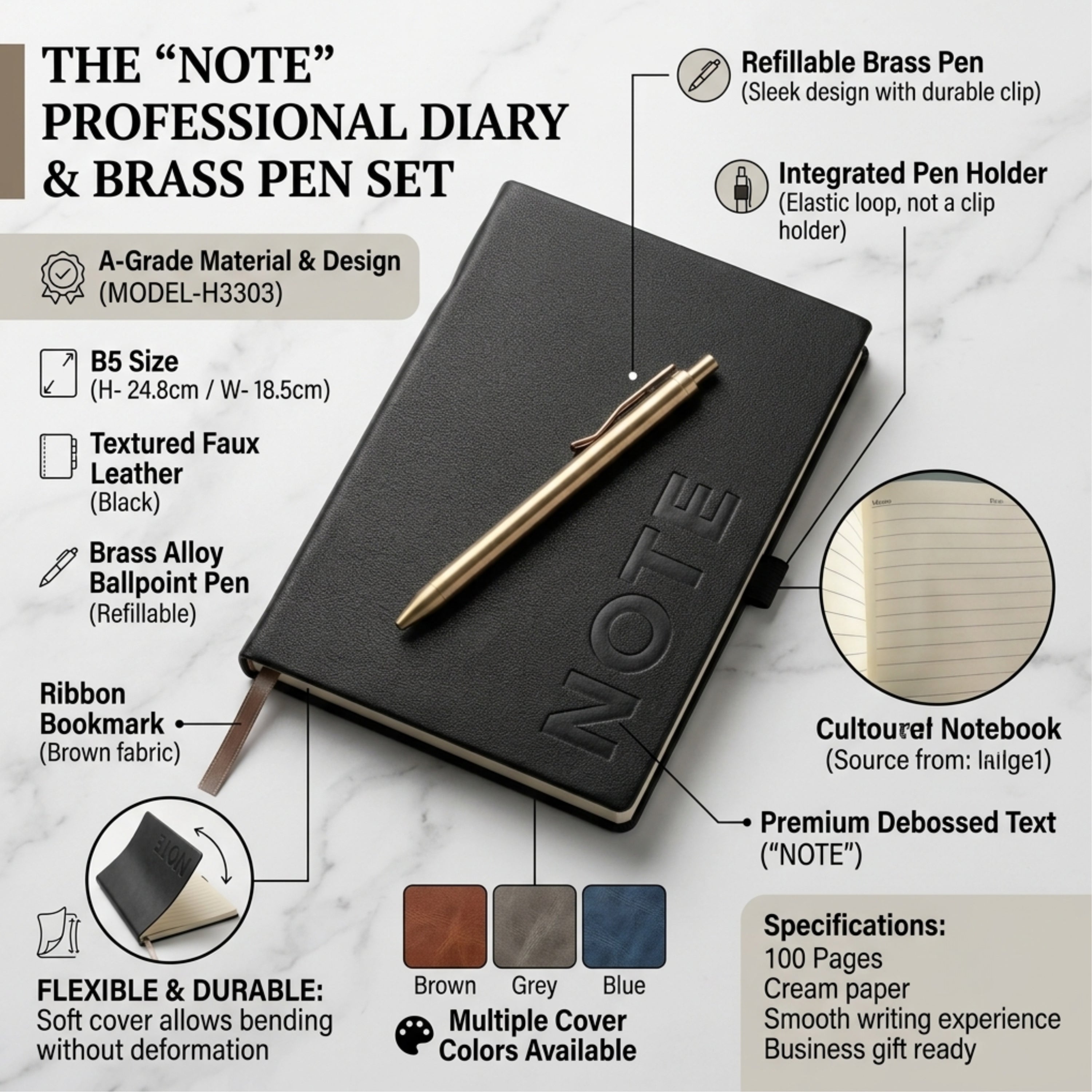 A5 Hardcover Leather Diary with Pen thumbnail 3