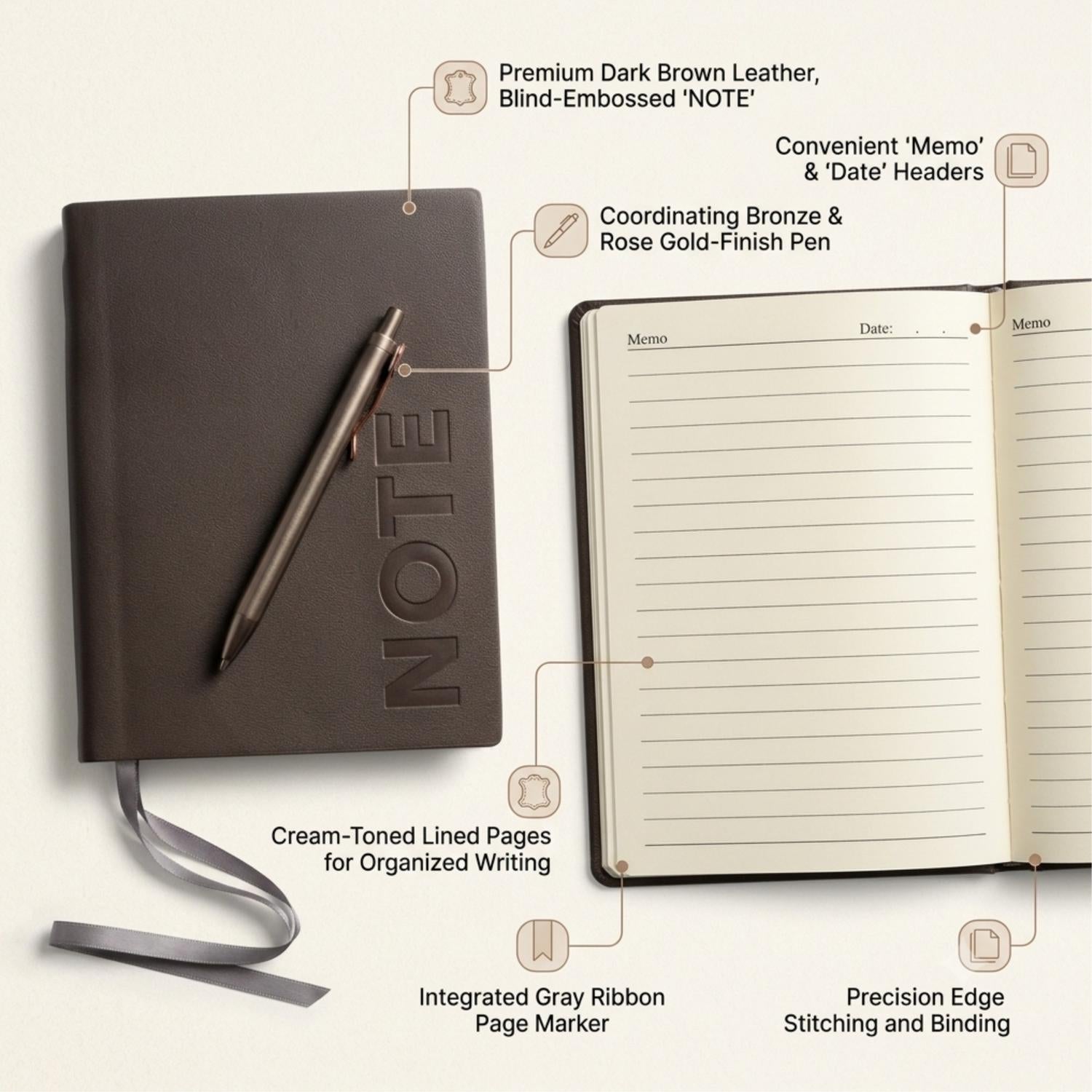 A5 Leather Diary Notebook with Metal Pen thumbnail 4