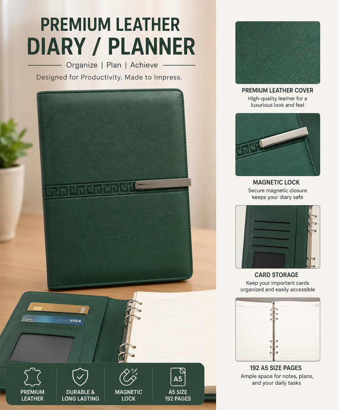 A5 Premium Green Leather Diary with Card Holder, Pen Loop & Lock thumbnail 5