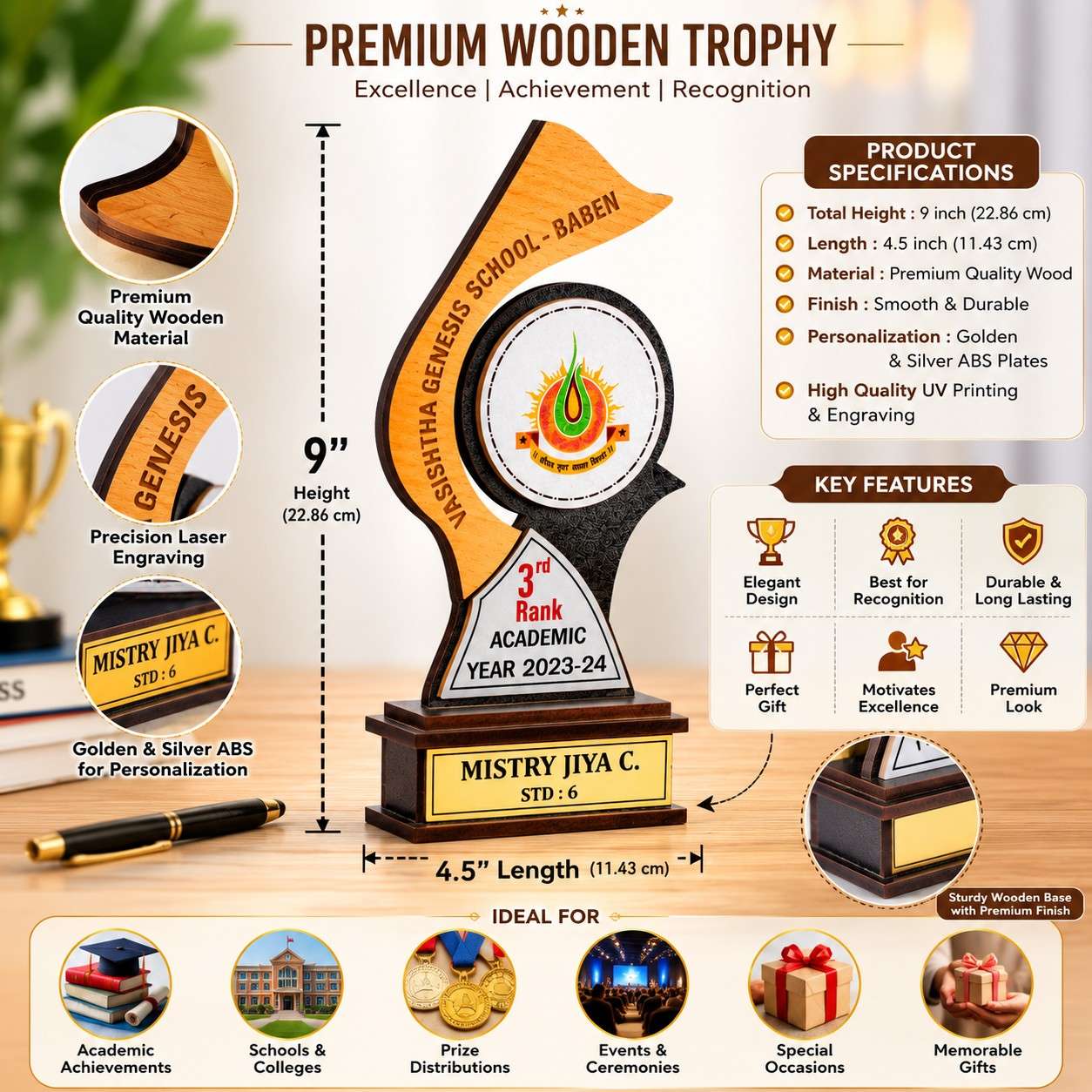 Custom Engraved Wooden Trophy for Academic & Corporate Events thumbnail 3