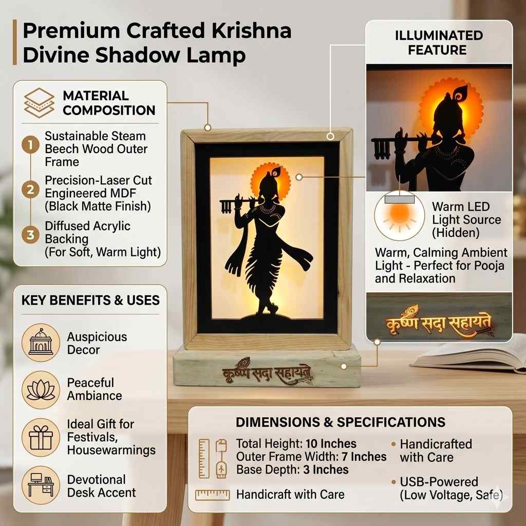 Divine Krishna LED Backlit Lamp 8.25" MDF Wood & Acrylic Night Light… thumbnail 2