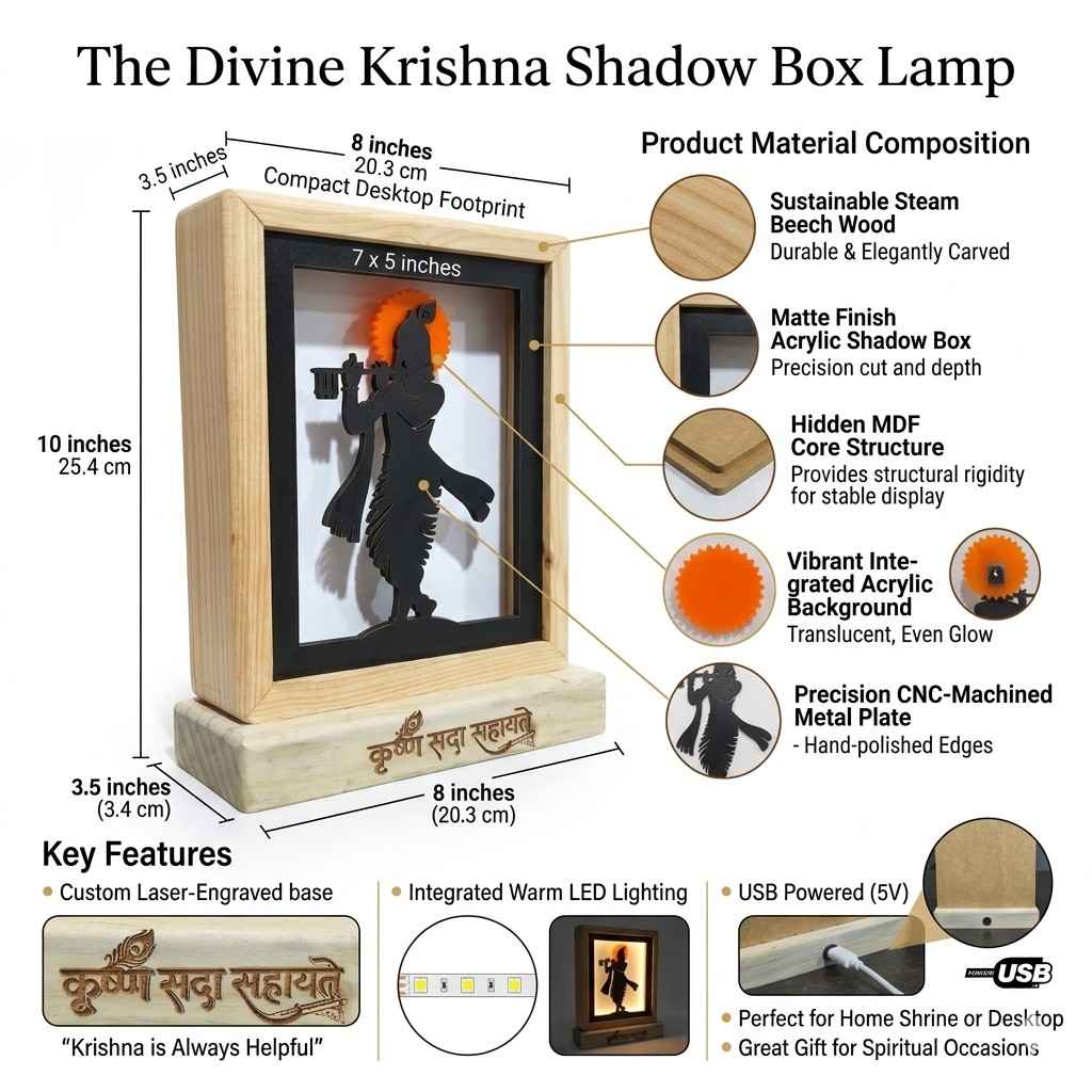 Divine Krishna LED Backlit Lamp 8.25" MDF Wood & Acrylic Night Light… thumbnail 3