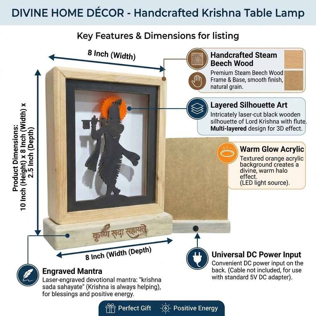 Divine Krishna LED Backlit Lamp 8.25" MDF Wood & Acrylic Night Light… thumbnail 8