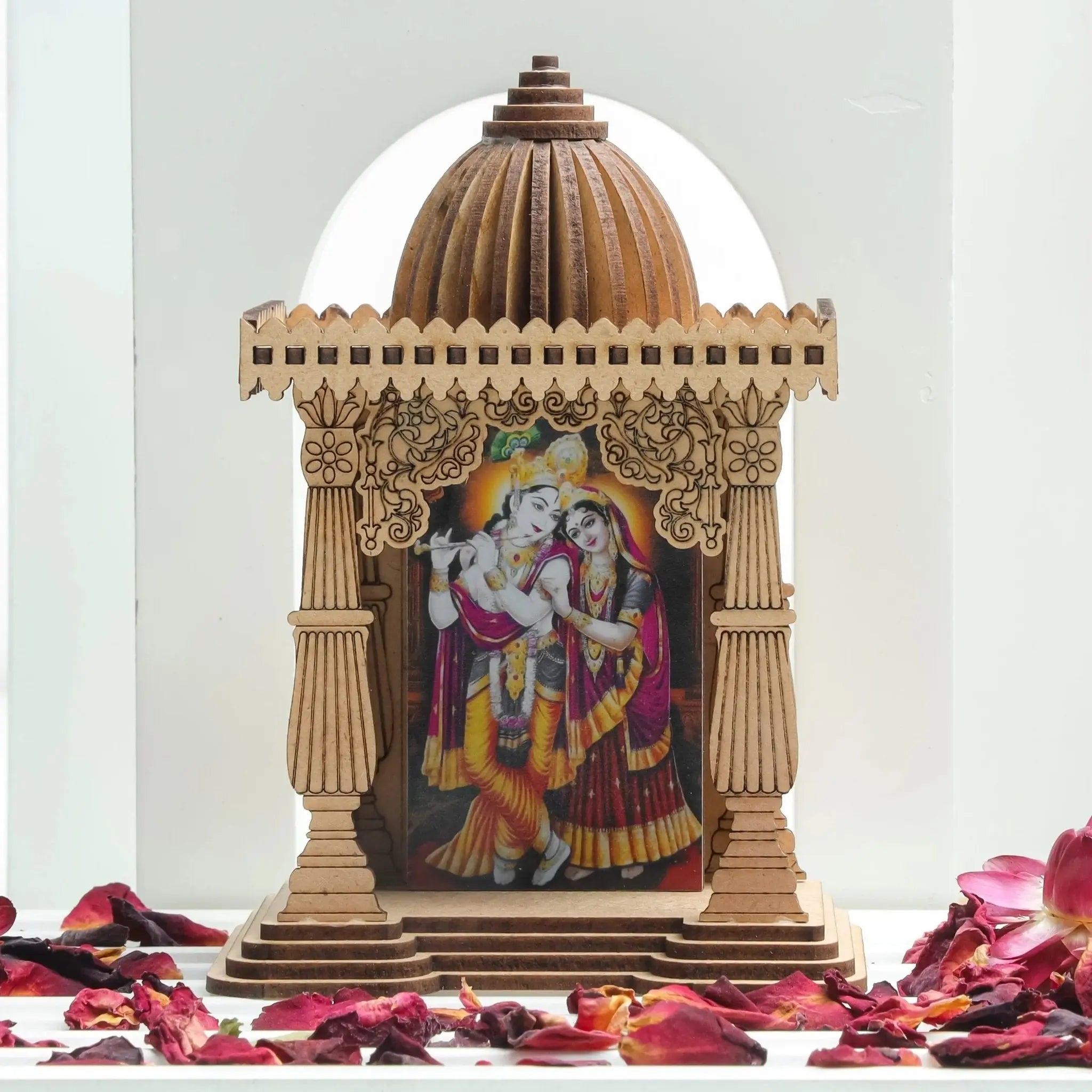 Divine Miniature Temple - Sustainable Engineered Wood Pine, Compact Design for Creativity & Spiritual Insight, Featuring Lord Brahma, 10cm x 7.5cm x 4.5cm