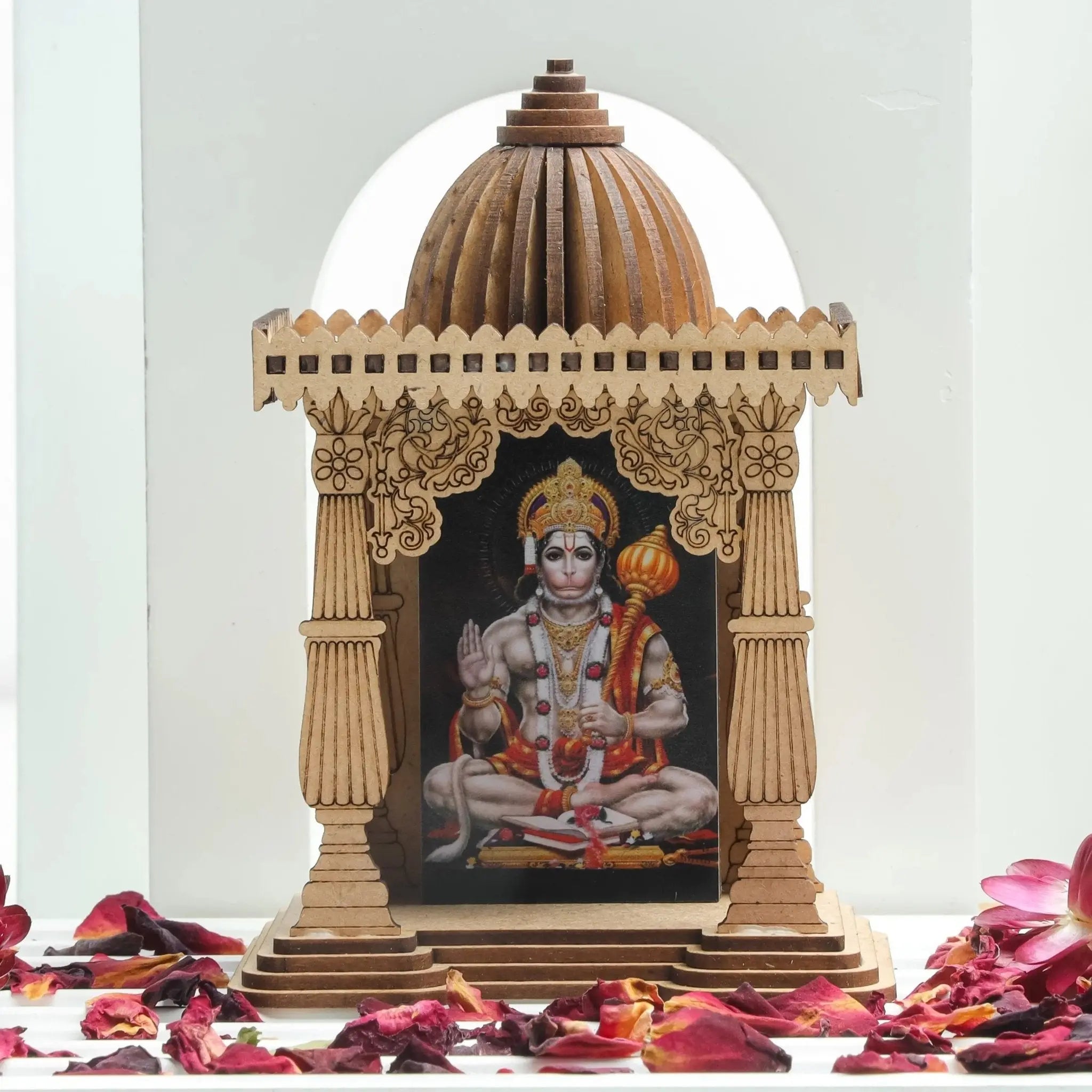 Divine Miniature Temple - Sustainable Engineered Wood Pine, Compact Design for Creativity & Spiritual Insight, Featuring Lord Hanuman, 10cm x 7.5cm x 4.5cm