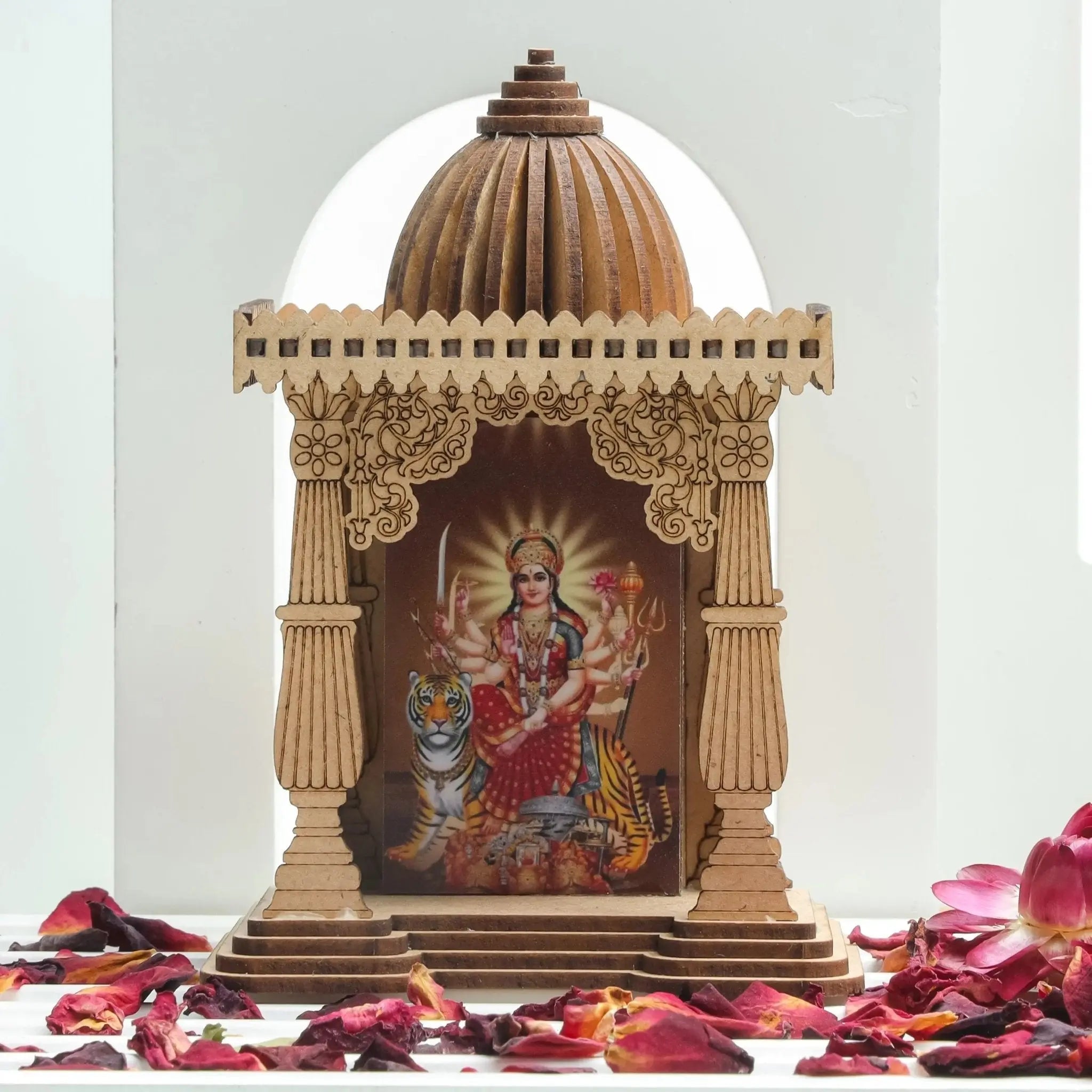 Divine Miniature Temple - Sustainable Engineered Wood Pine, Compact Design for Creativity & Spiritual Insight, Featuring Lord Maa Ambe, 10cm x 7.5cm x 4.5cm
