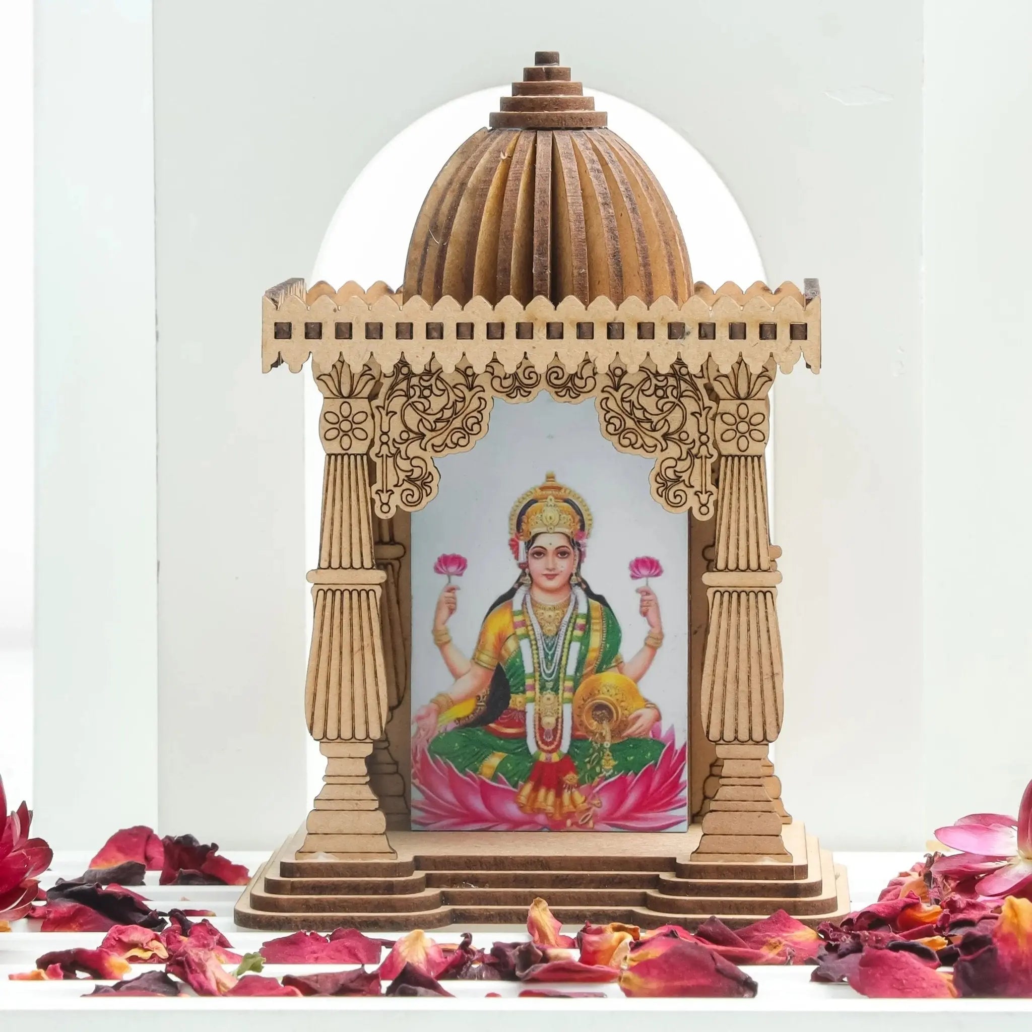 Divine Miniature Temple - Sustainable Engineered Wood Pine, Compact Design for Creativity & Spiritual Insight, Featuring Lord Maa Laxmidec, 10cm x 7.5cm x 4.5cm
