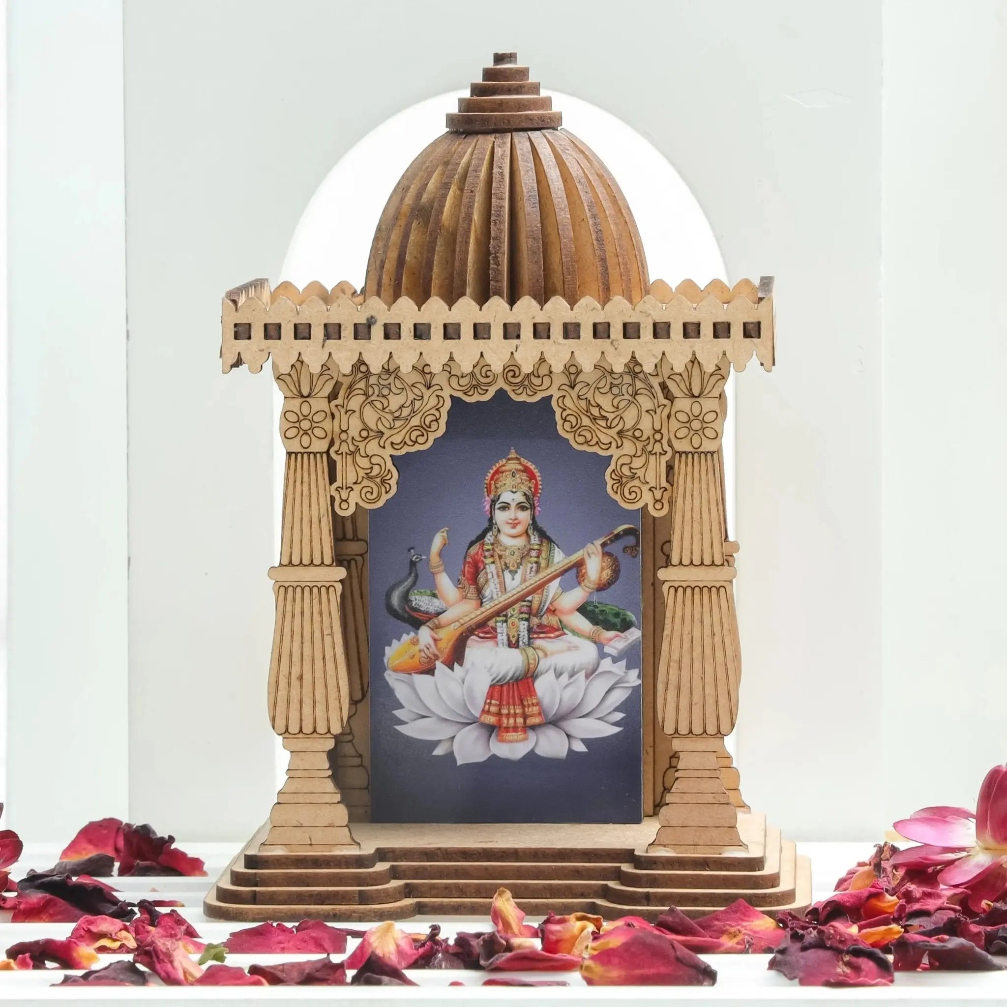Divine Miniature Temple - Sustainable Engineered Wood Pine, Compact Design for Creativity & Spiritual Insight, Featuring Lord Maa Saraswati, 10cm x 7.5cm x 4.5cm