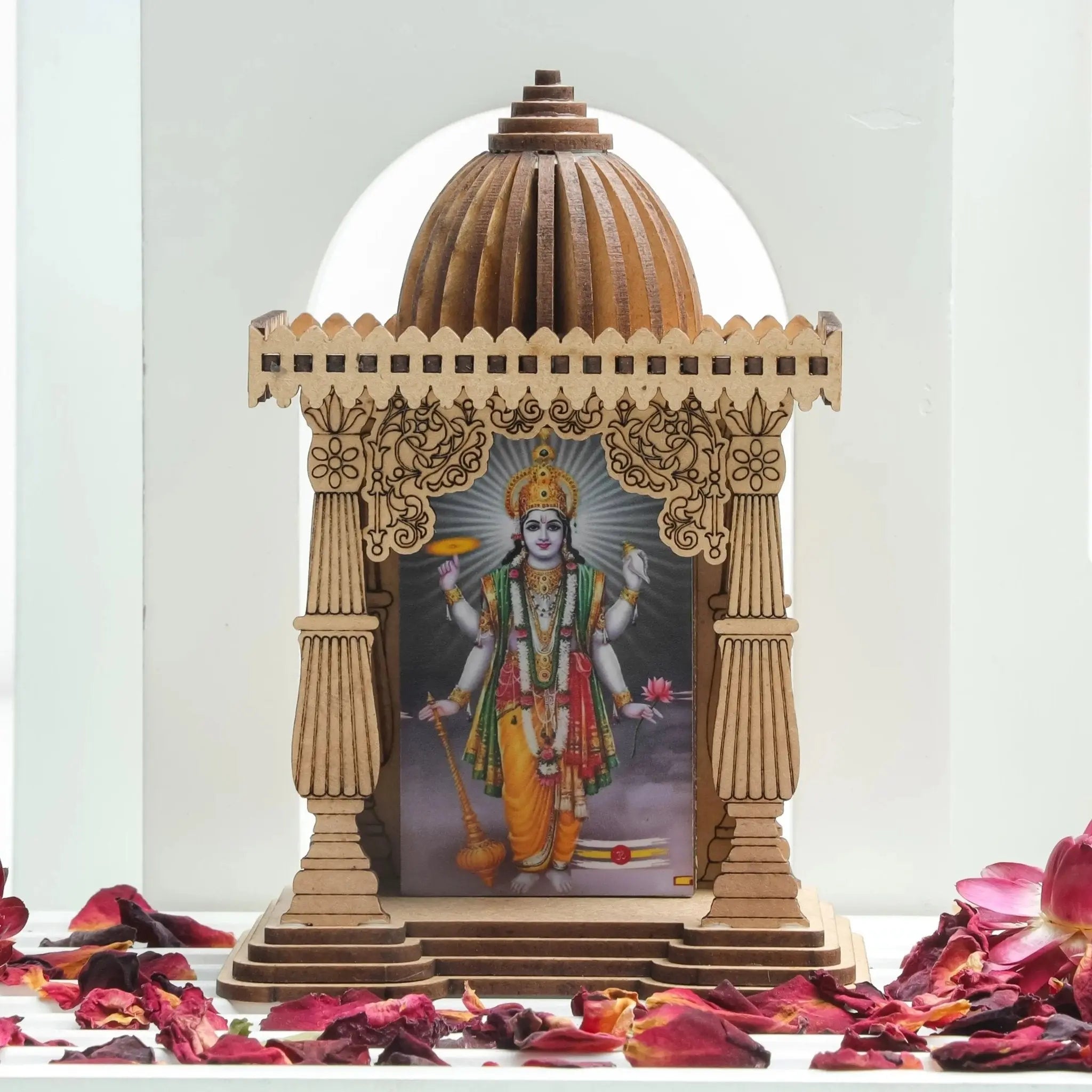 Divine Miniature Temple - Sustainable Engineered Wood Pine, Compact Design for Creativity & Spiritual Insight, Featuring Lord Vishnu, 10cm x 7.5cm x 4.5cm