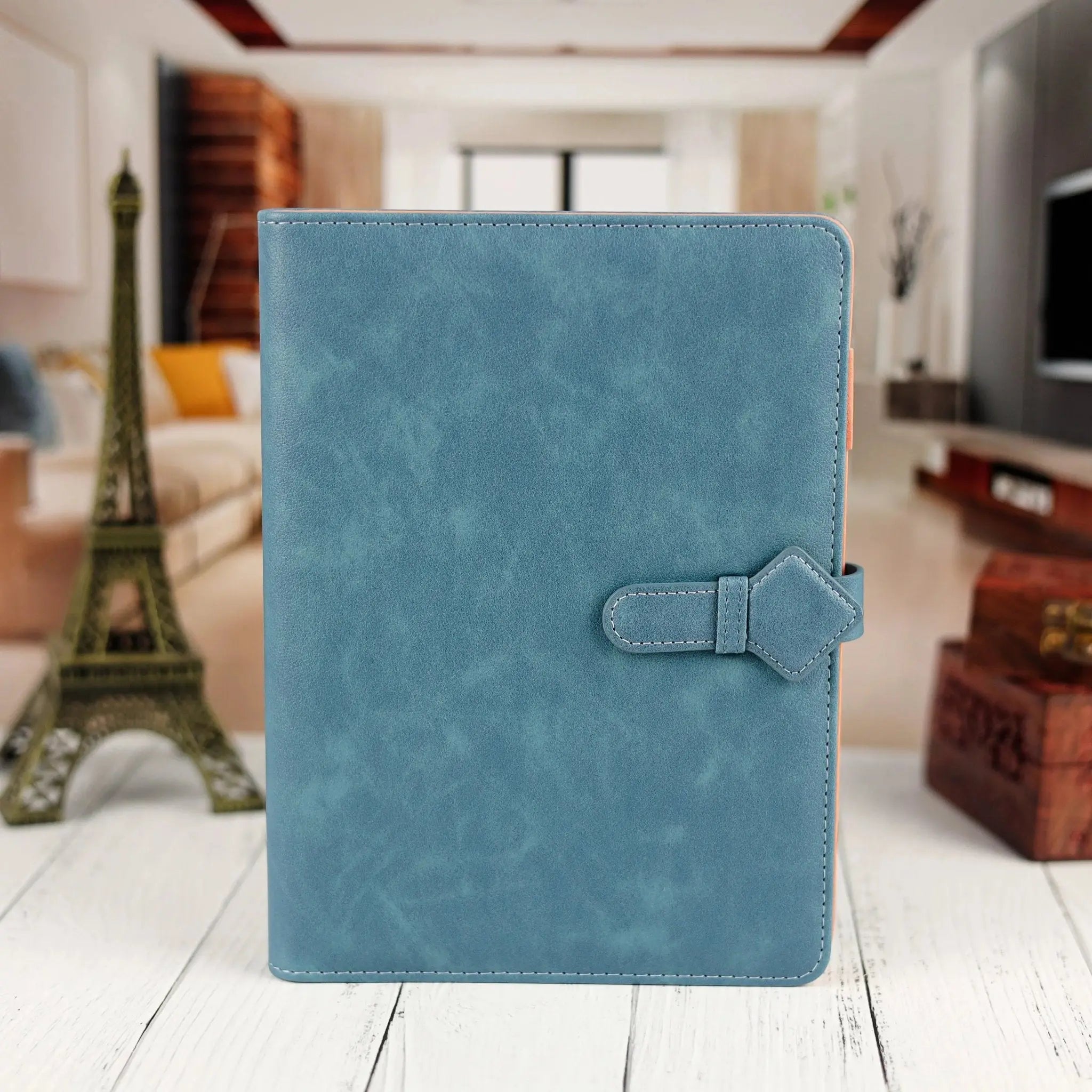 Elegant Blue Leather Notebook with Unique Strap Closure