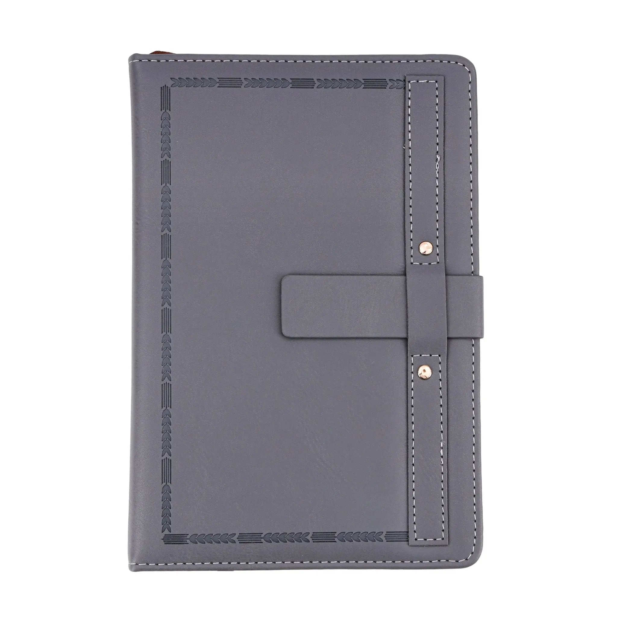 Elegant Gray Leather Notebook with Decorative Border and Strap Closure thumbnail 3