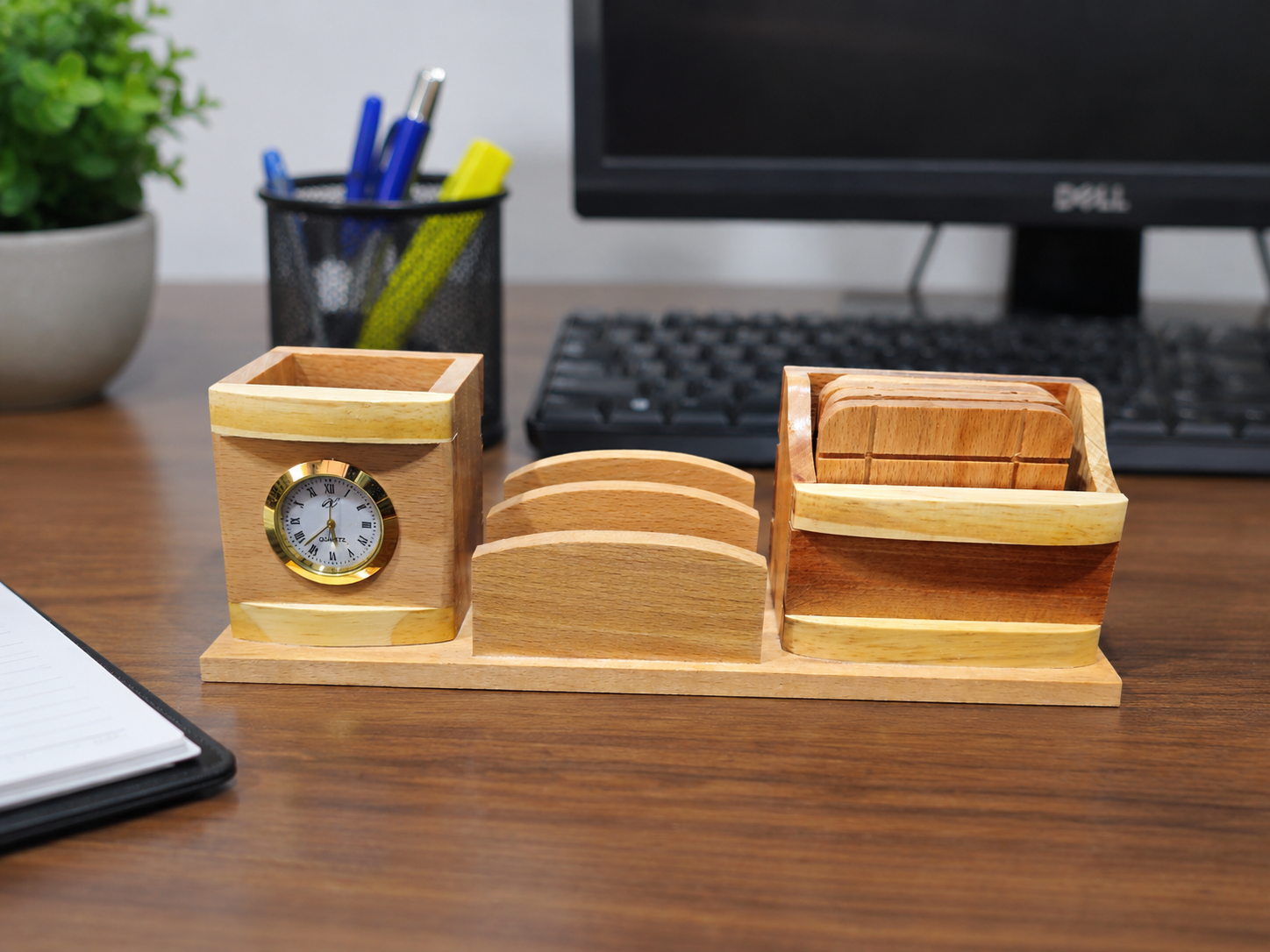 Handcrafted Wooden Multi-Purpose Desk Organizer with Clock Pen Holder… thumbnail 2