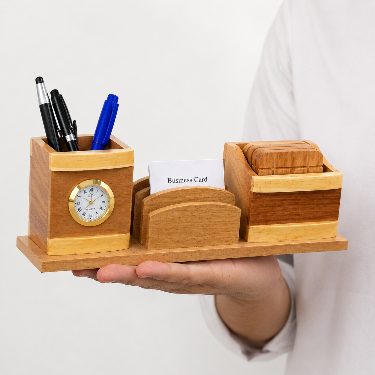 Handcrafted Wooden Multi-Purpose Desk Organizer with Clock Pen Holder… thumbnail 3