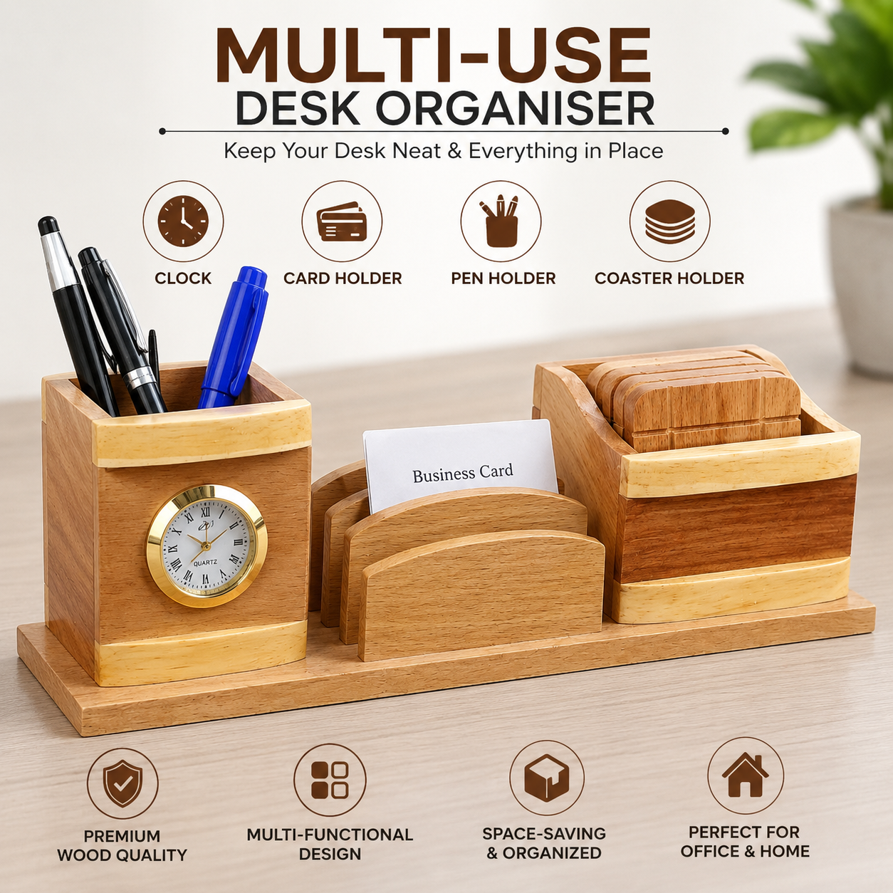 Handcrafted Wooden Multi-Purpose Desk Organizer with Clock Pen Holder… thumbnail 4