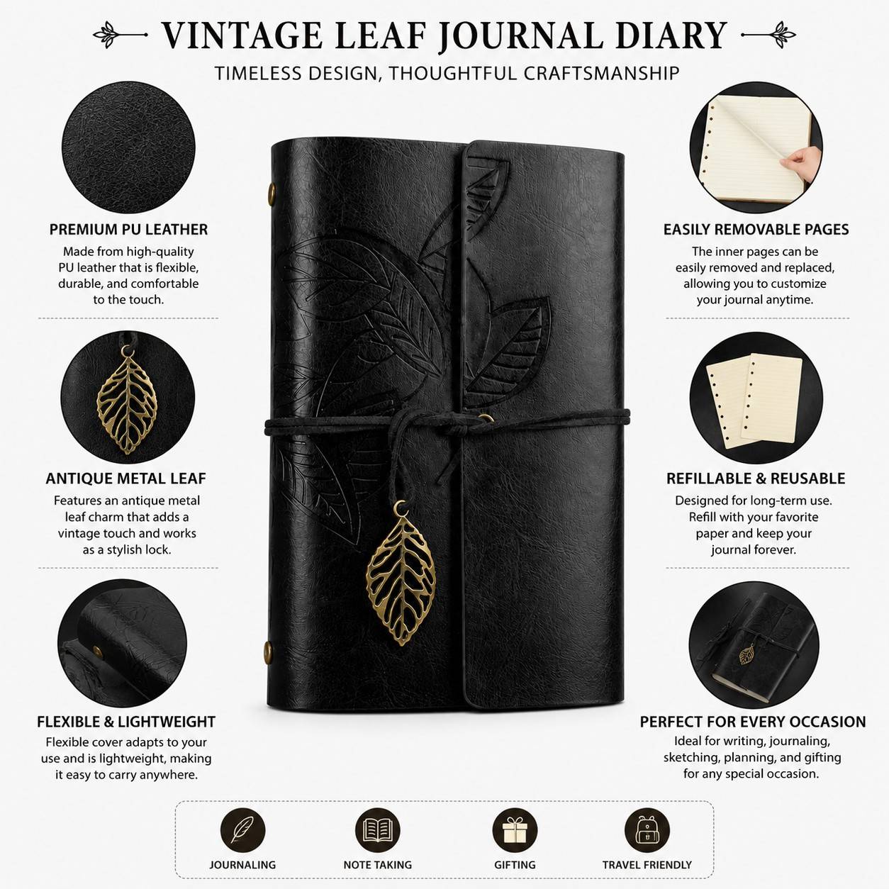 Handmade PU Leather Journal Notebook with Antique Leaf Metal Closure,… thumbnail 5