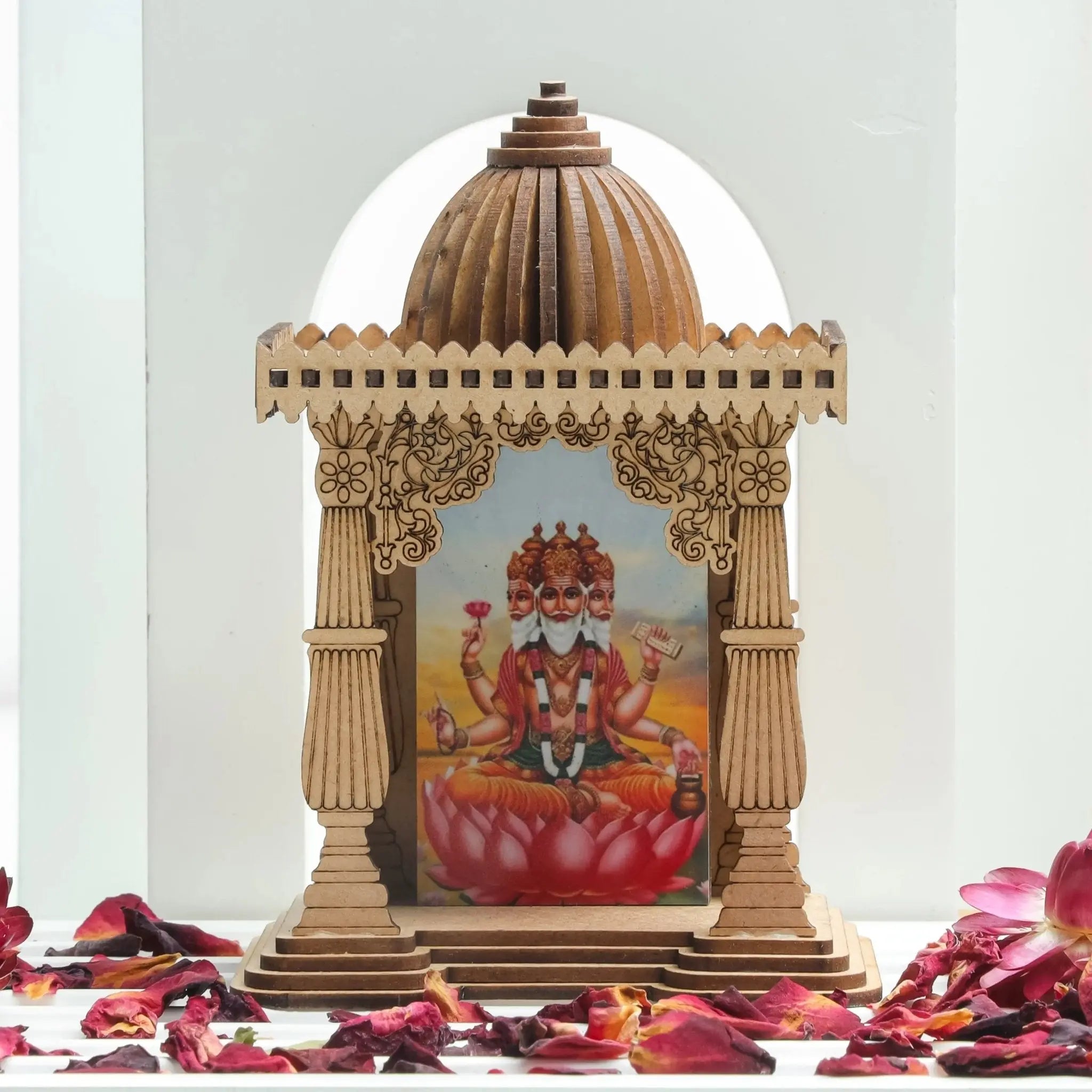 LASER ART Creator's Cradle Divine Miniature Temple - Sustainable Engineered Wood Pine, Compact Design for Creativity & Spiritual Insight, Featuring Lord Brahma, 10cm x 7.5cm x 4.5cm