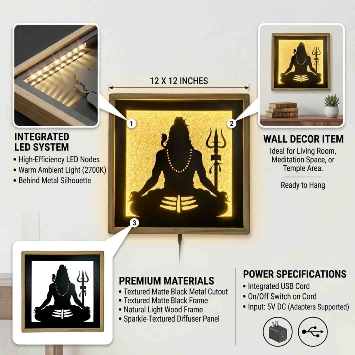 Laser Art Lord Shiva LED Wall Decor Frame 12x12 Inch thumbnail 2