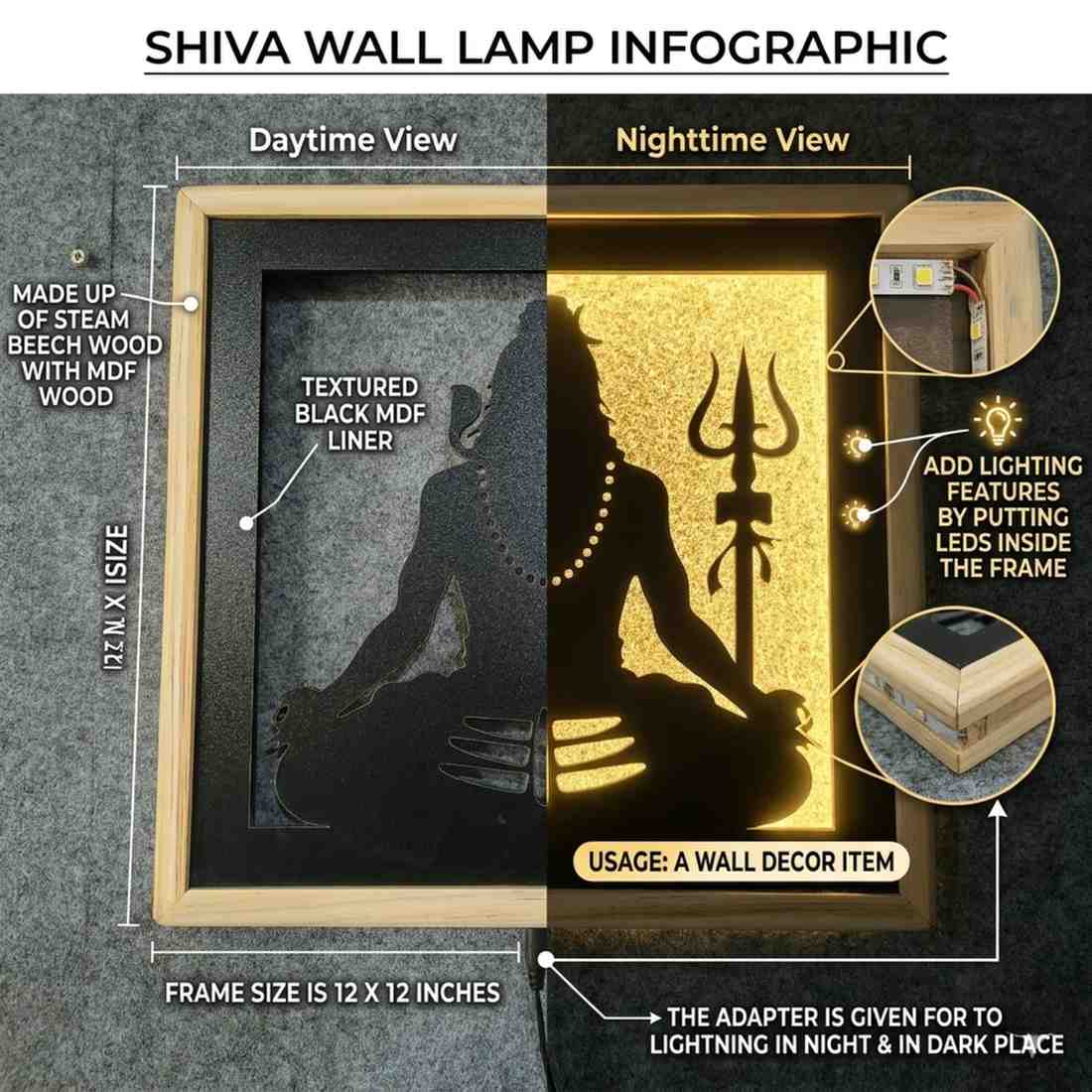 Laser Art Lord Shiva LED Wall Decor Frame 12x12 Inch thumbnail 3