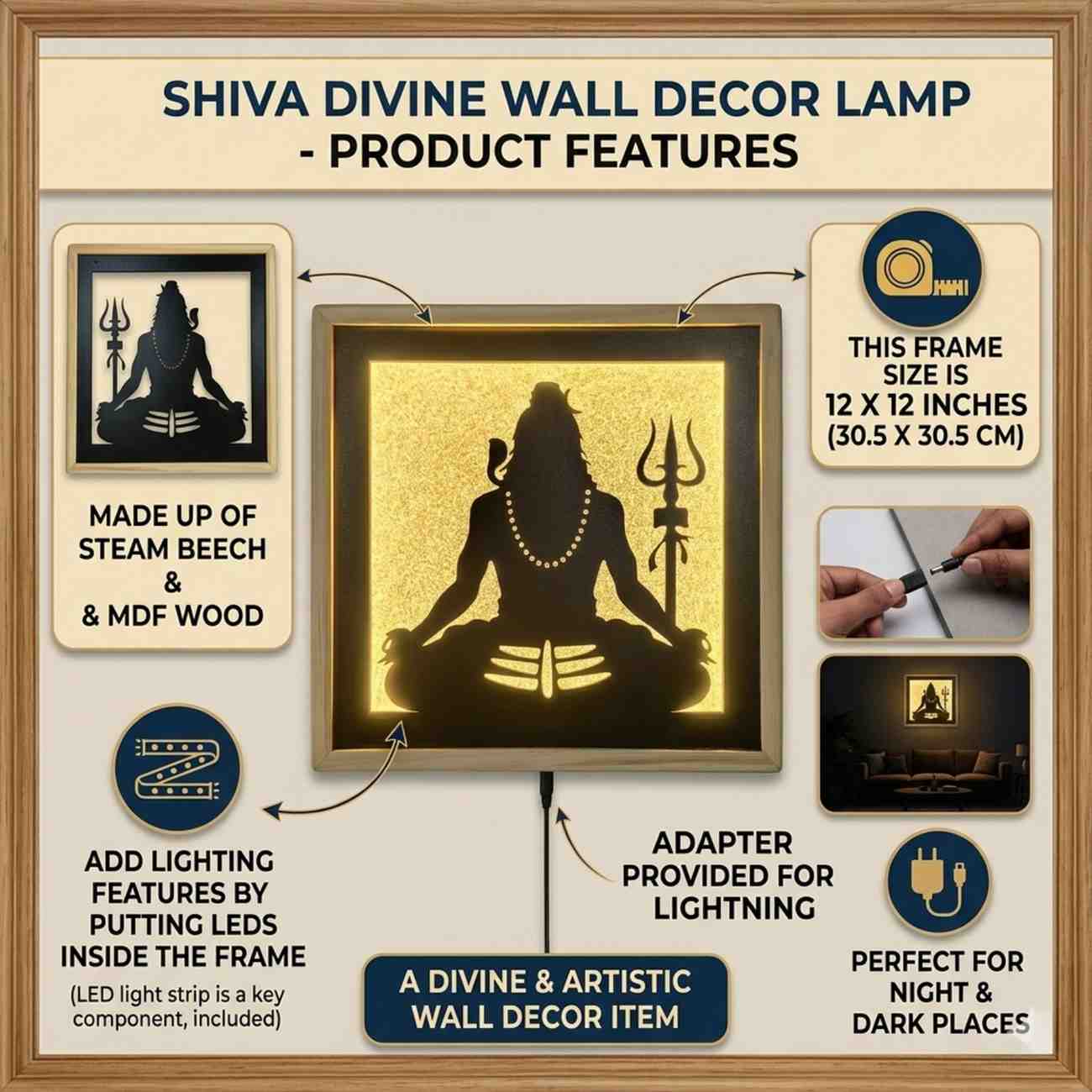 Laser Art Lord Shiva LED Wall Decor Frame 12x12 Inch thumbnail 5