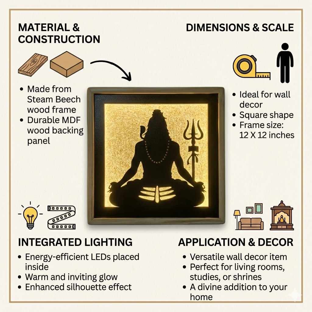 Laser Art Lord Shiva LED Wall Decor Frame 12x12 Inch thumbnail 9