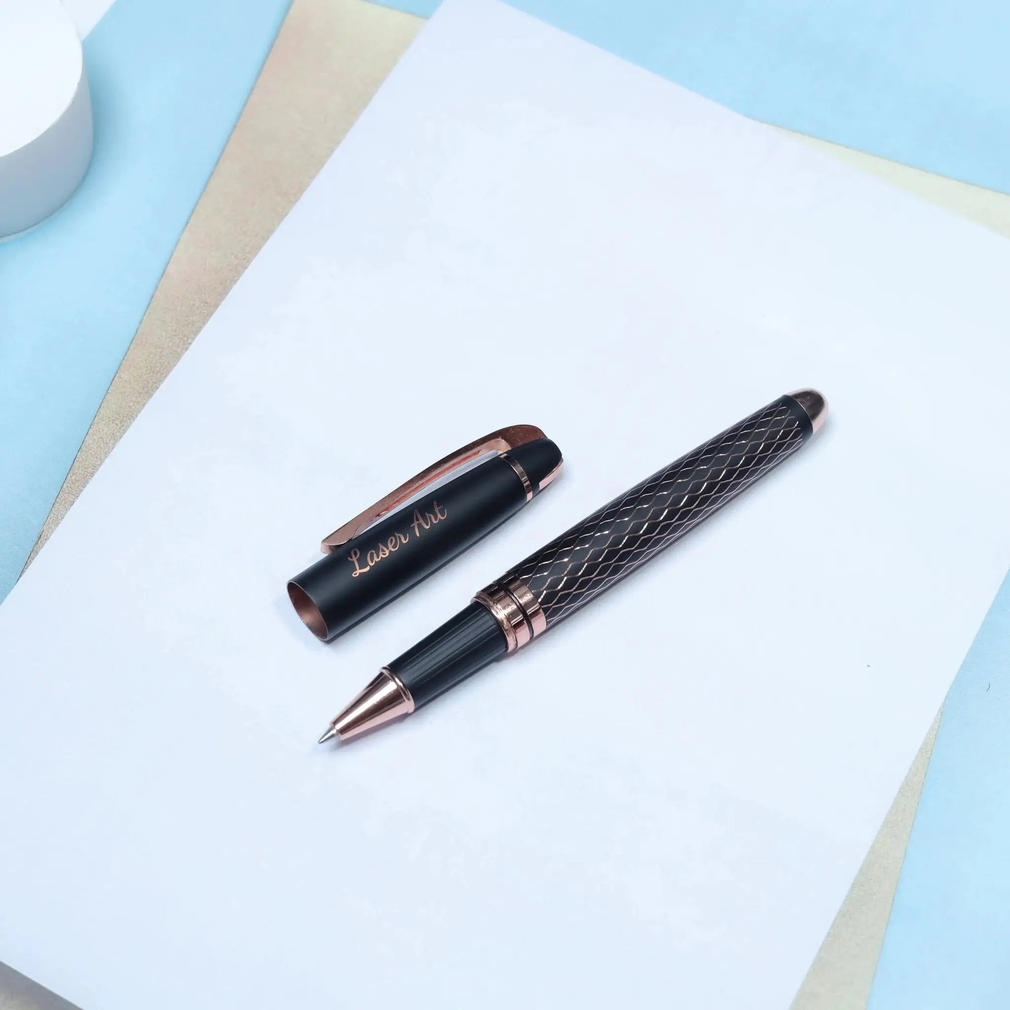 Exquisite Diamond Pattern Engraved Pen in Black with Metallic Rosé… thumbnail 2