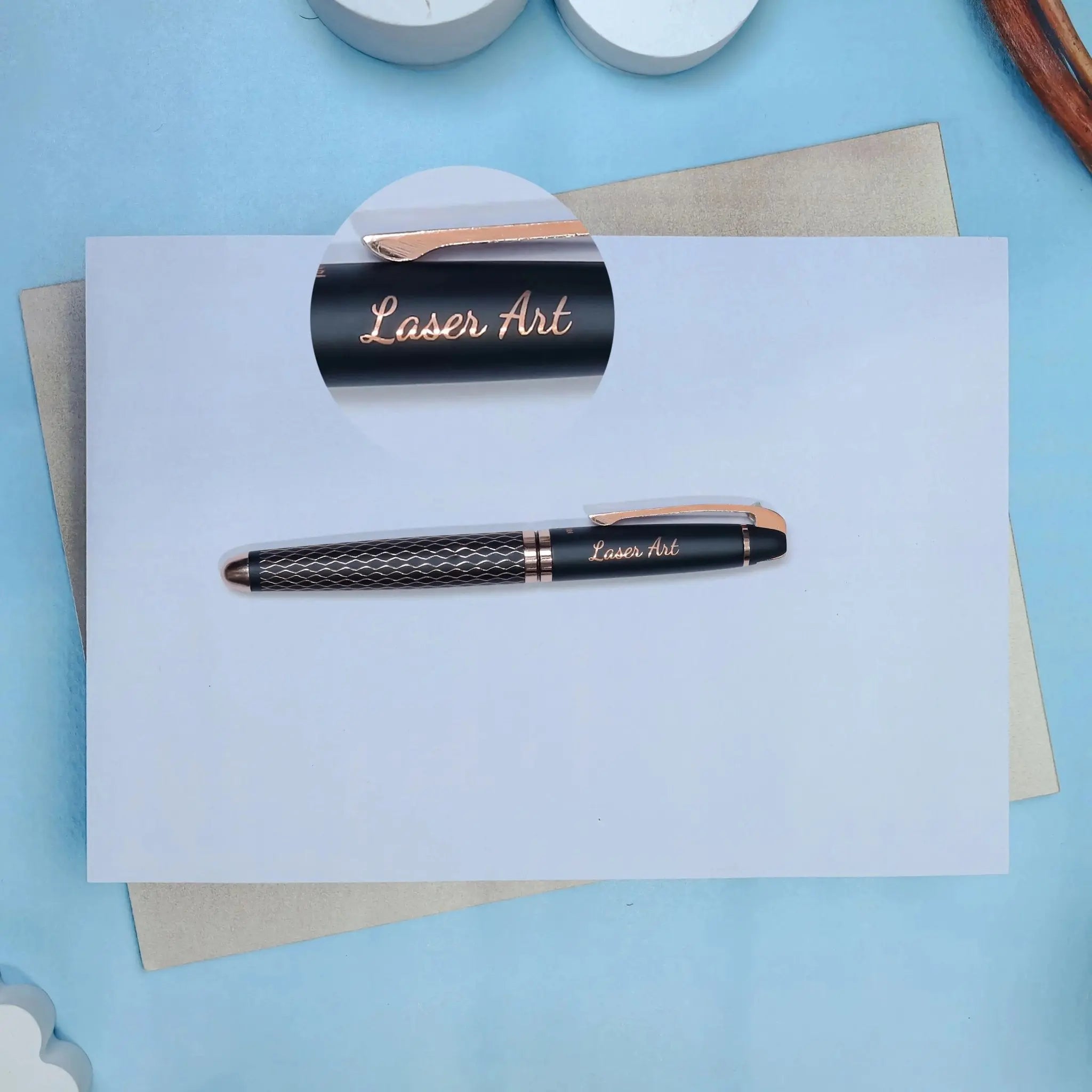Exquisite Diamond Pattern Engraved Pen in Black with Metallic Rosé… thumbnail 3