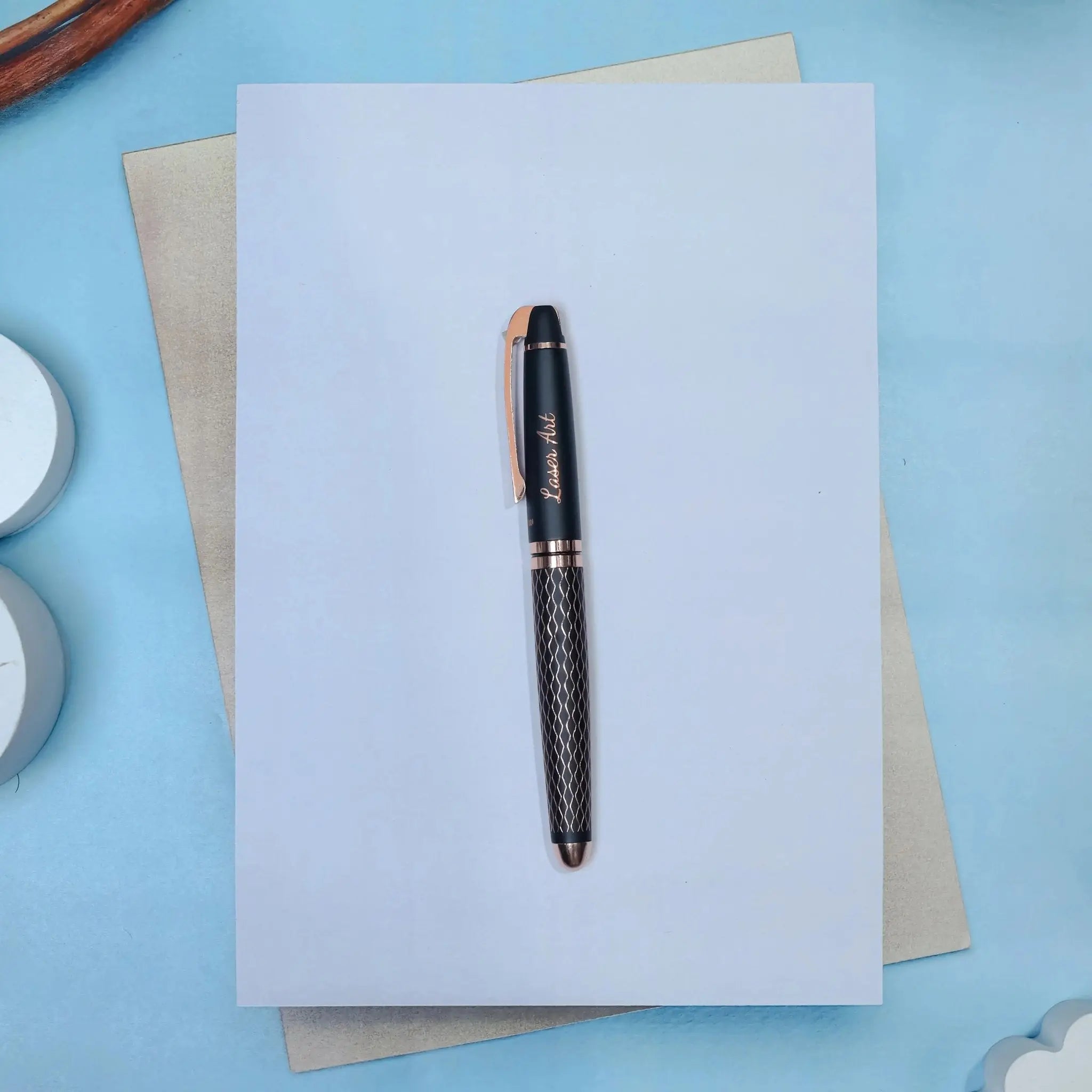Exquisite Diamond Pattern Engraved Pen in Black with Metallic Rosé… thumbnail 4