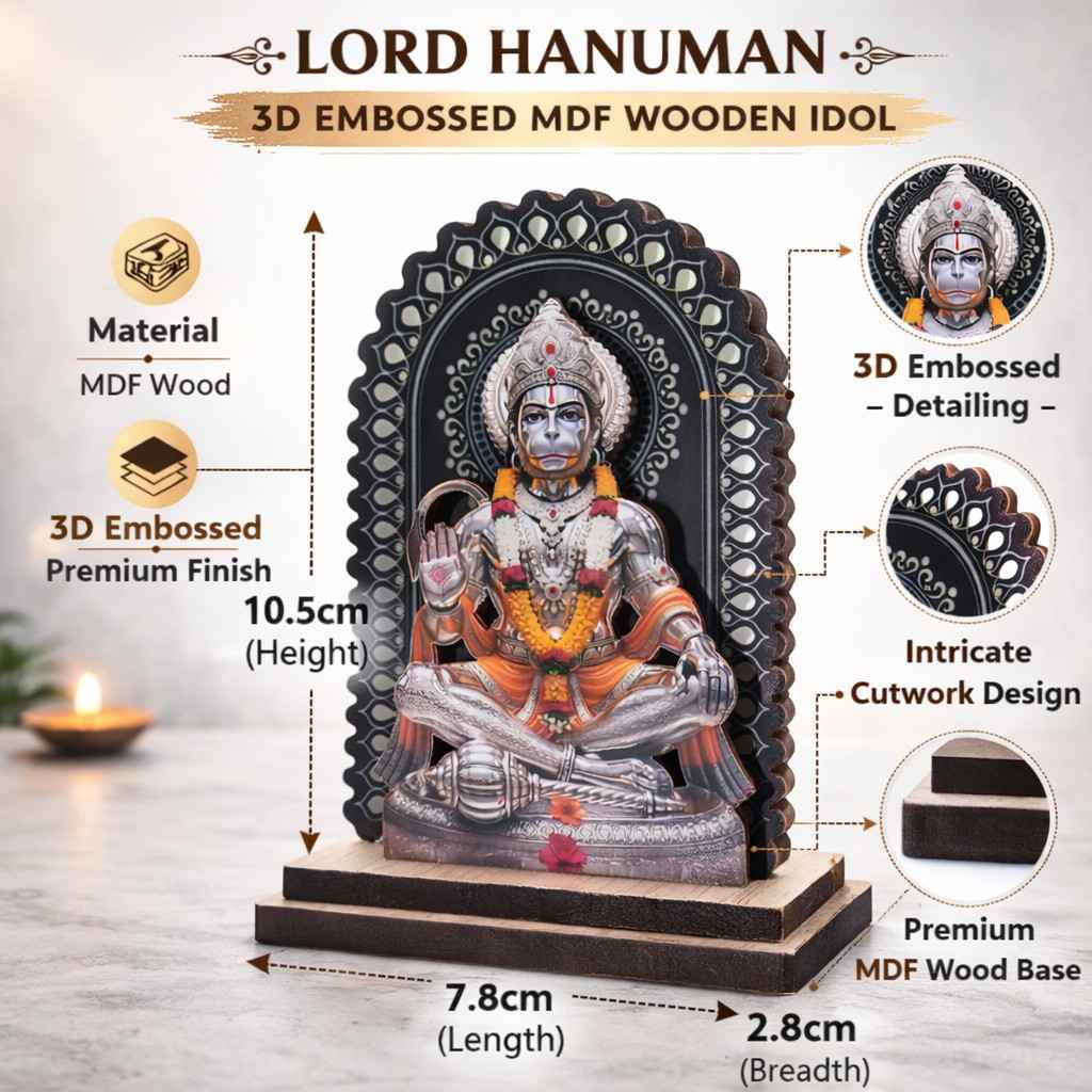 Lord Hanuman 3D Embossed MDF Wood Idol for Car Dashboard, Home Mandir,… thumbnail 6