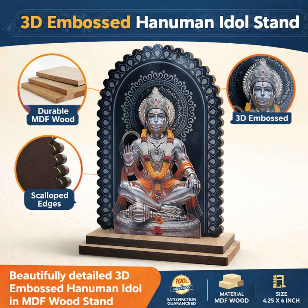 Lord Hanuman 3D Embossed MDF Wood Idol for Car Dashboard, Home Mandir,… thumbnail 7