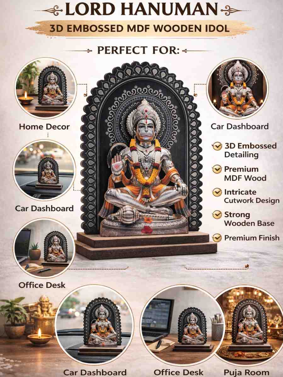 Lord Hanuman 3D Embossed MDF Wood Idol for Car Dashboard, Home Mandir,… thumbnail 8