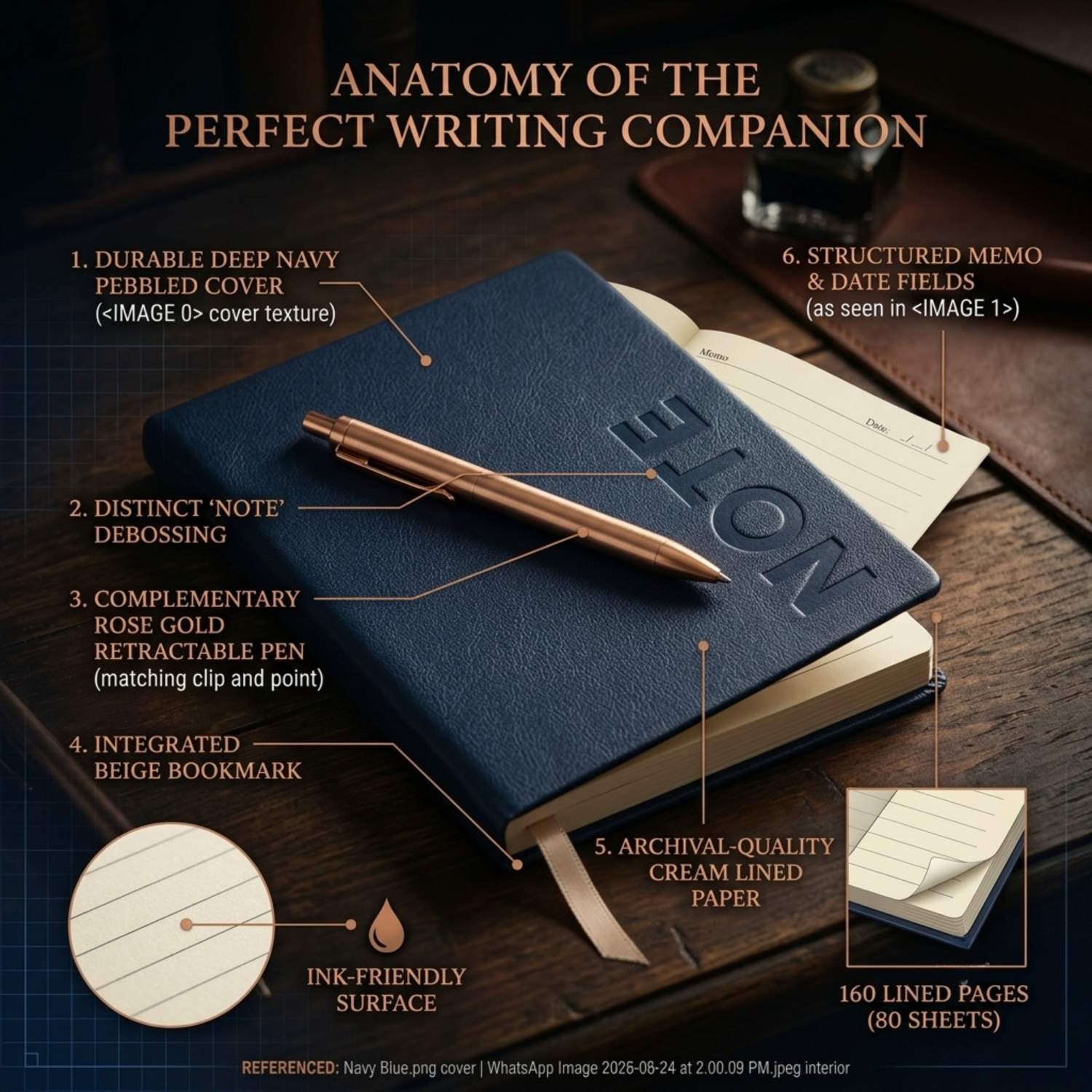 Premium A5 Navy Blue Leather Diary Notebook with Metal Pen thumbnail 2