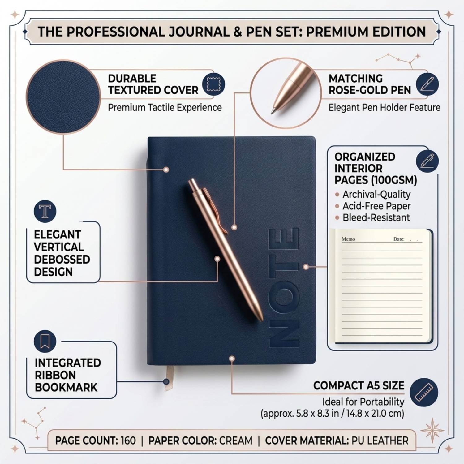 Premium A5 Navy Blue Leather Diary Notebook with Metal Pen thumbnail 4