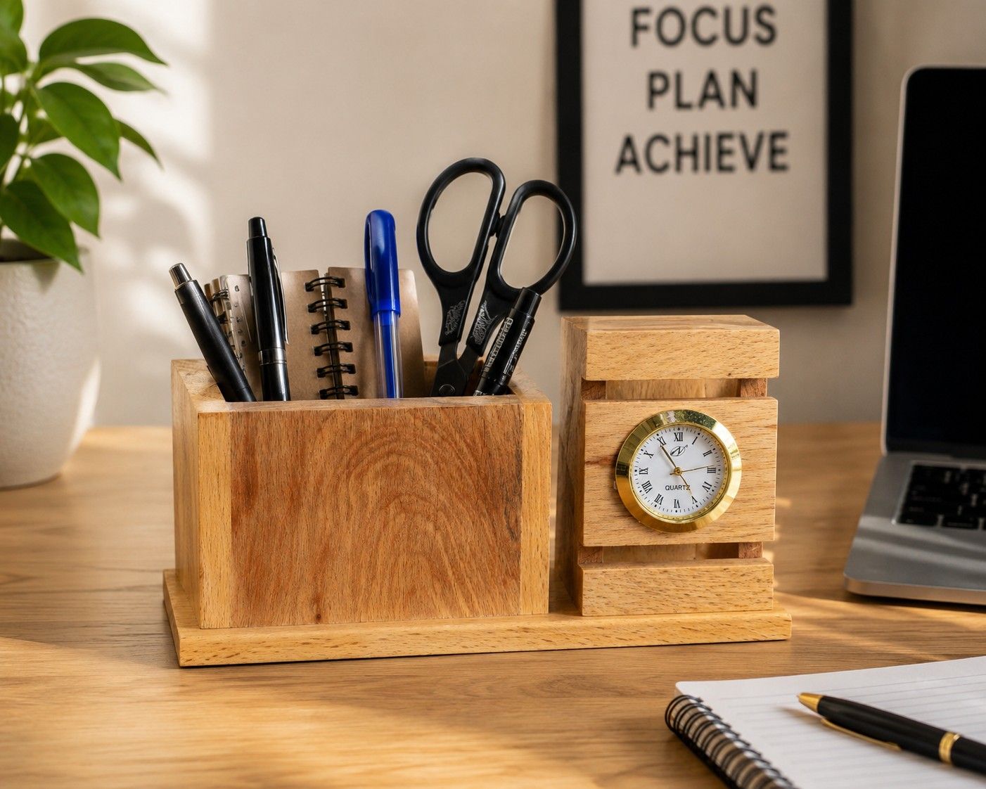 Premium Wooden Desk Organizer with Analog Clock  Pen Holder  Stationery… thumbnail 2