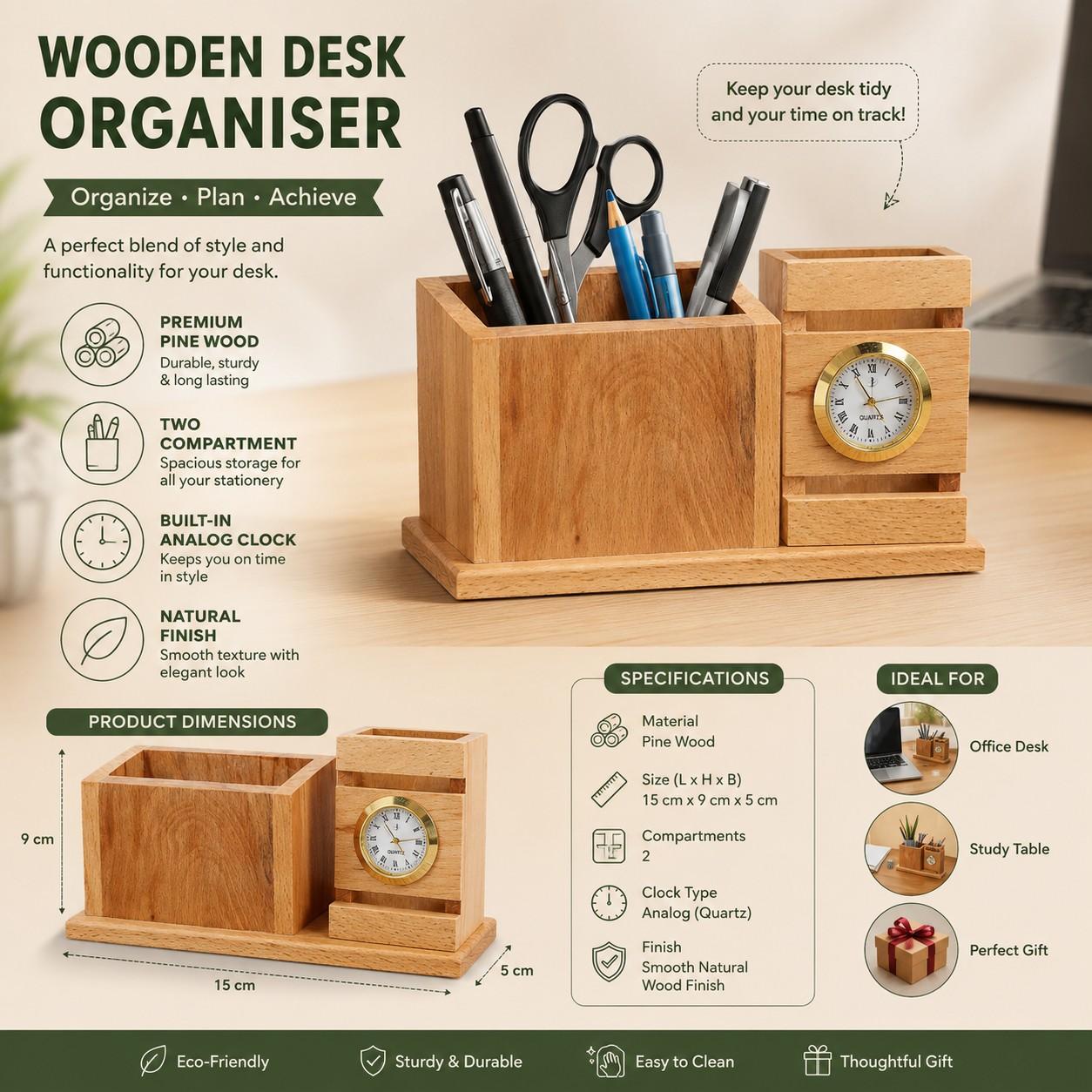 Premium Wooden Desk Organizer with Analog Clock  Pen Holder  Stationery… thumbnail 3