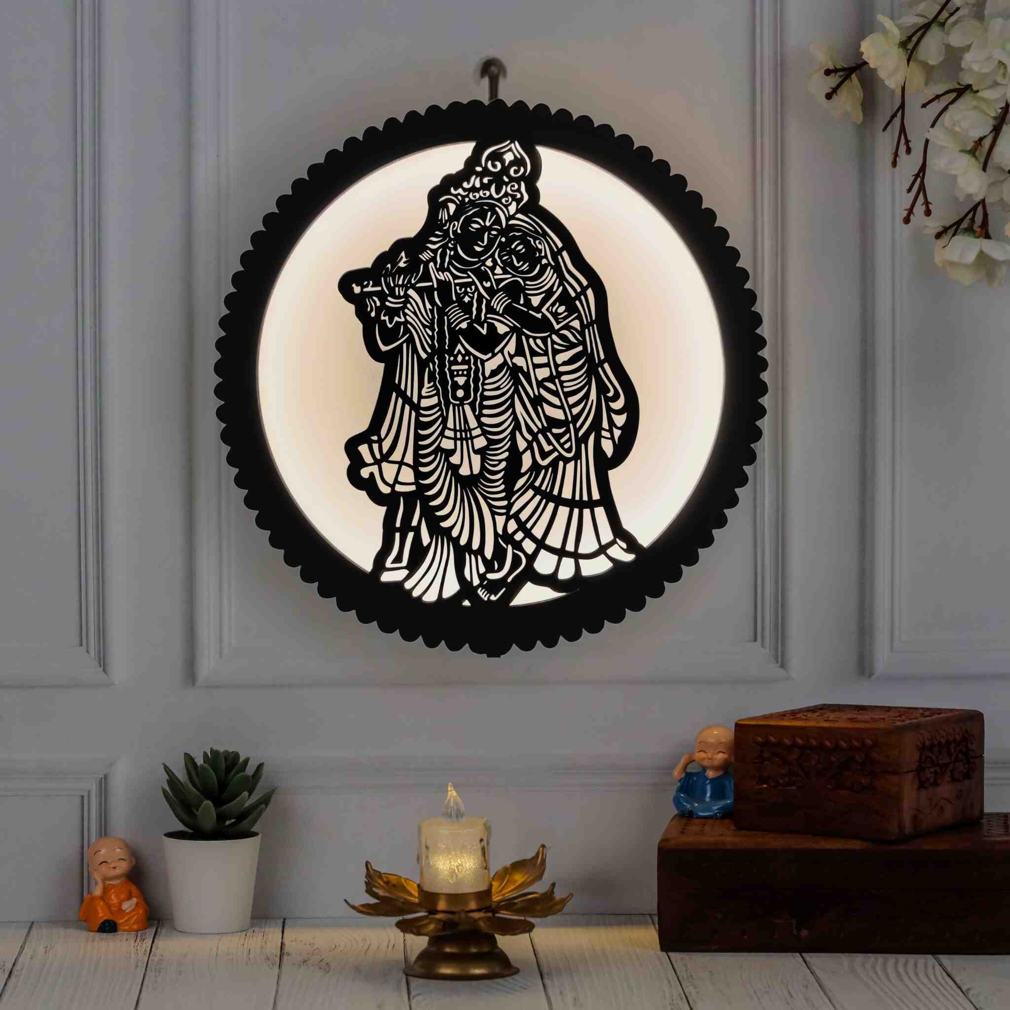 Shree Radha Krishna Wooden Wall Decor Wall Lamp with LED Light | Handcrafted Decorative Wall Sconce | Spiritual Home Décor for Living Room, Bedroom, Temple