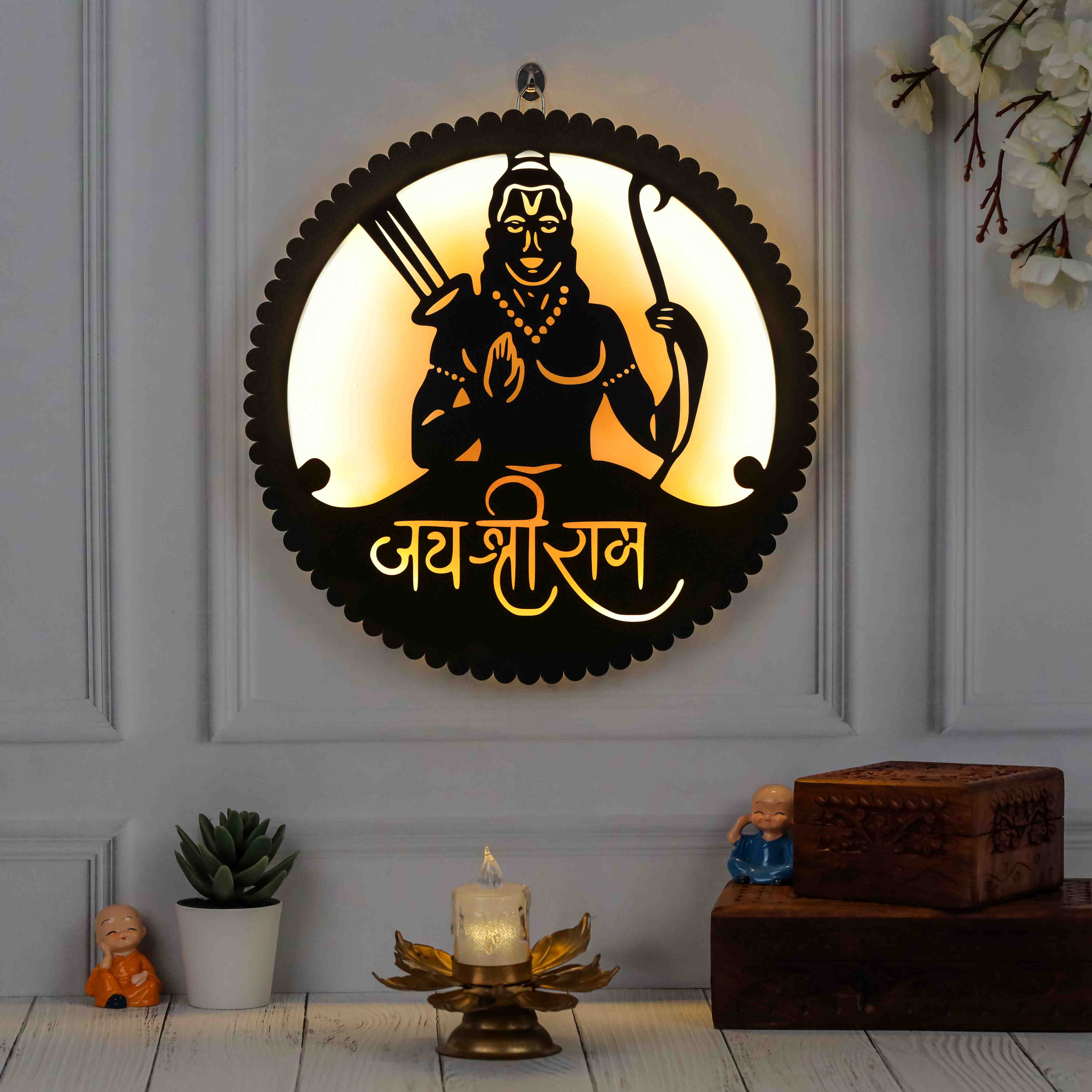 Shree Ram LED Wall Decor Lamp – Handcrafted Wooden Religious Wall Light for Home Décor | Energy-Efficient Decorative Sconce | Ideal for Living Room, Bedroom, Temple