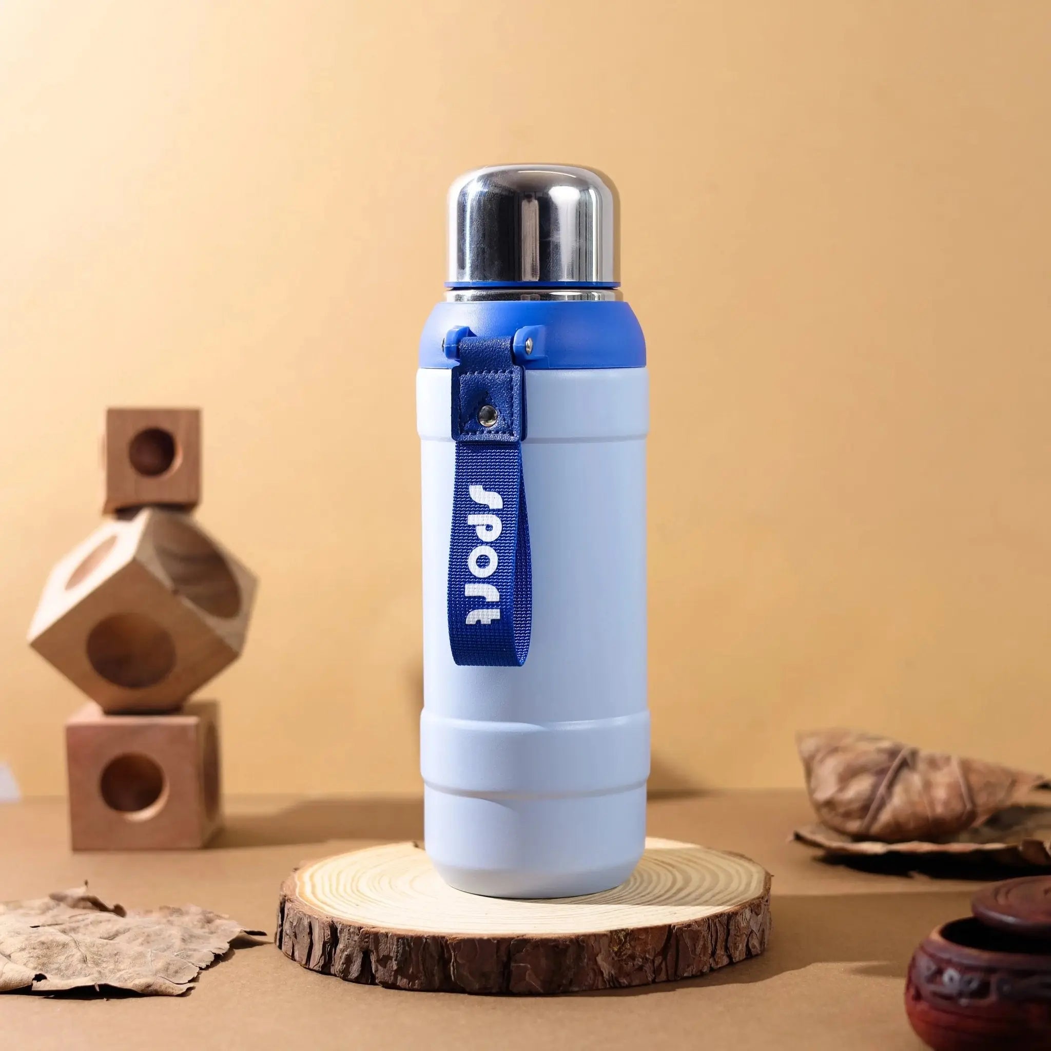 Stylish Blue and Silver Insulated Water Bottle with Carry Strap