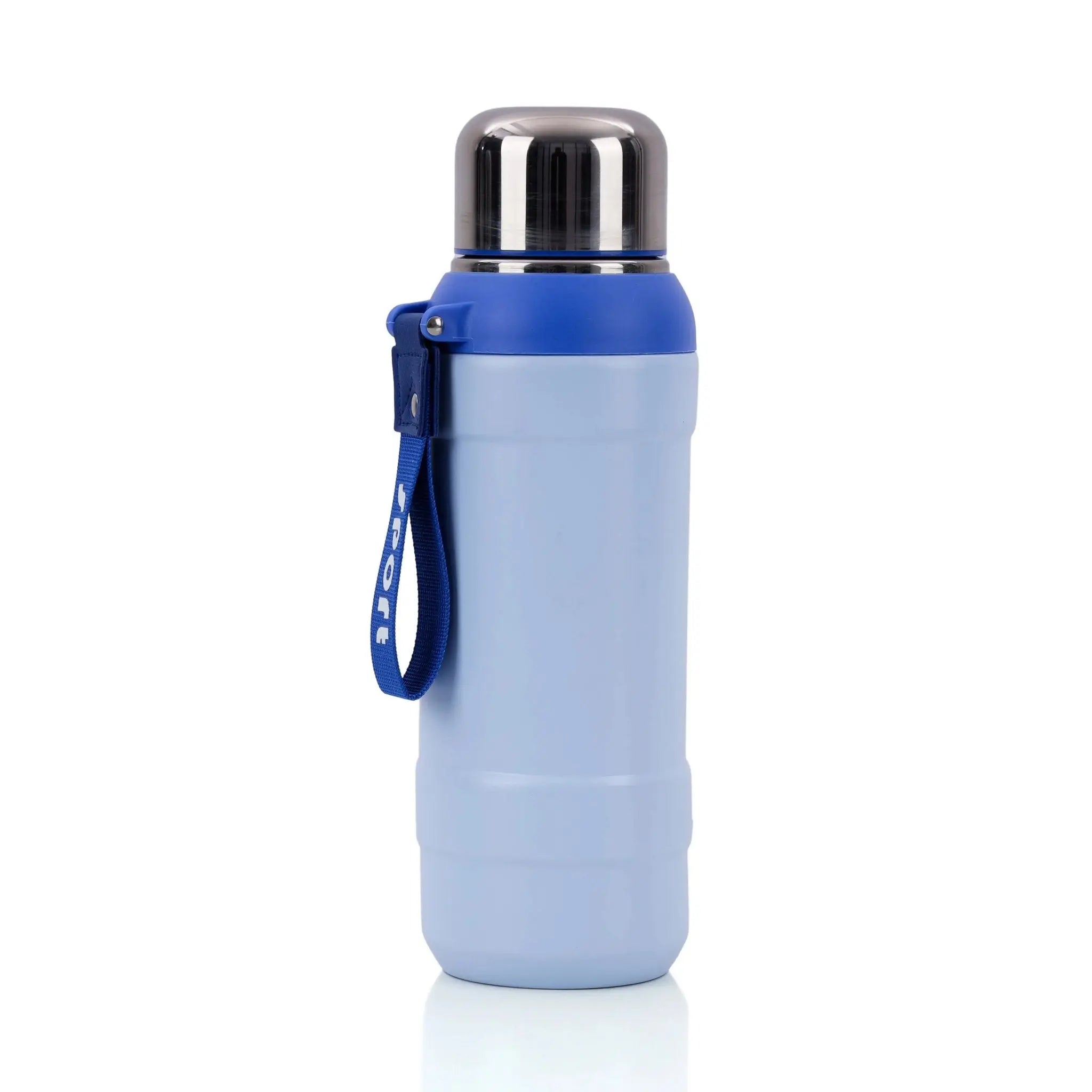 Stylish Blue and Silver Insulated Water Bottle with Carry Strap thumbnail 2