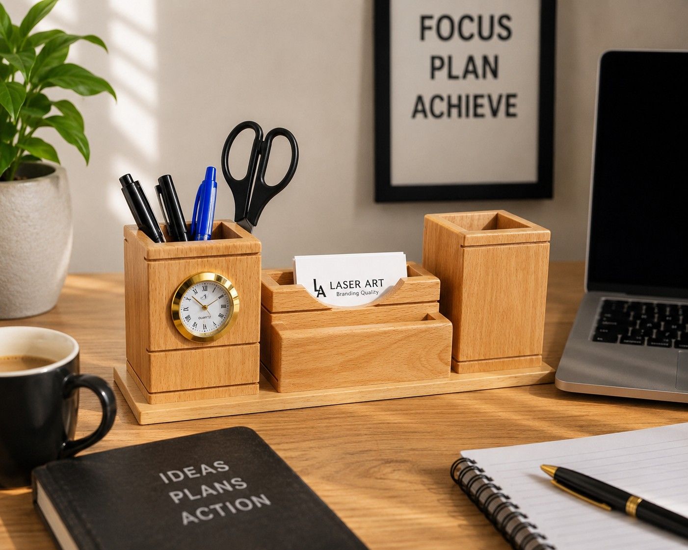Wooden Desk Organizer with Clock & Card Holder for Office Table thumbnail 2