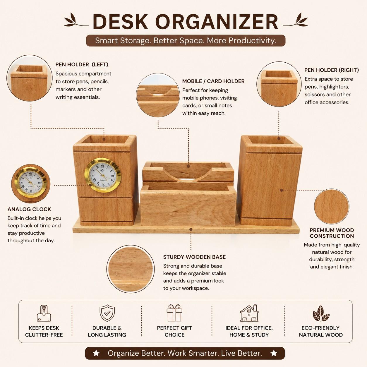 Wooden Desk Organizer with Clock & Card Holder for Office Table thumbnail 3