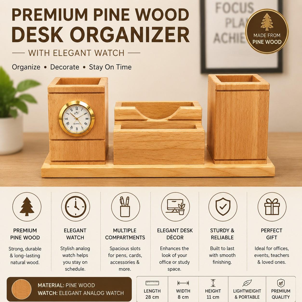 Wooden Desk Organizer with Clock & Card Holder for Office Table thumbnail 4