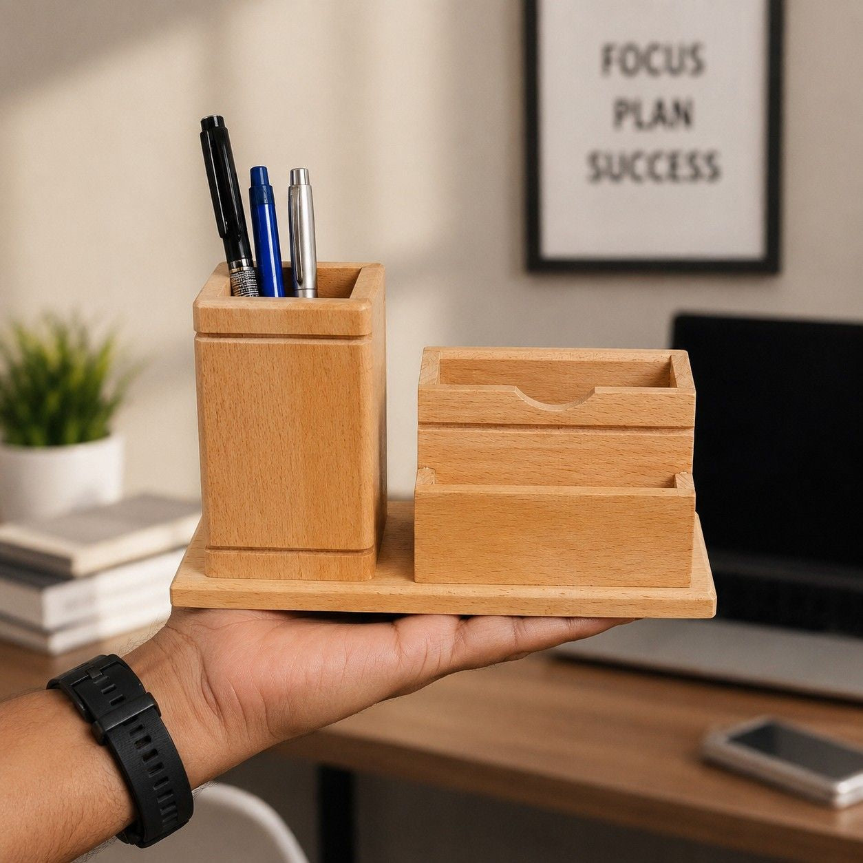Wooden Desk Organizer with Pen Holder & Business Card Stand Set thumbnail 2
