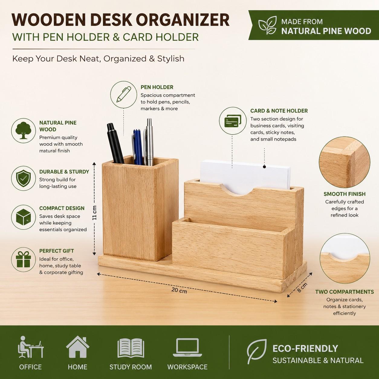 Wooden Desk Organizer with Pen Holder & Business Card Stand Set thumbnail 4
