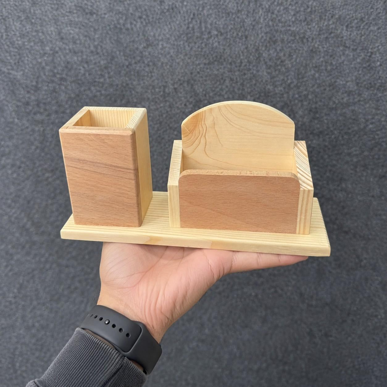 Wooden Desk Organizer with Pen Holder & Memo Card Stand Office thumbnail 2