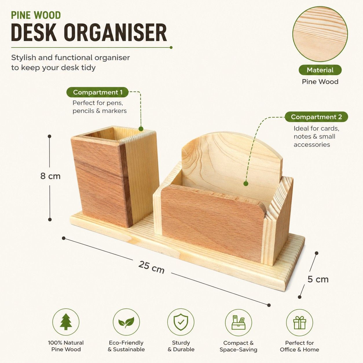 Wooden Desk Organizer with Pen Holder & Memo Card Stand Office thumbnail 3