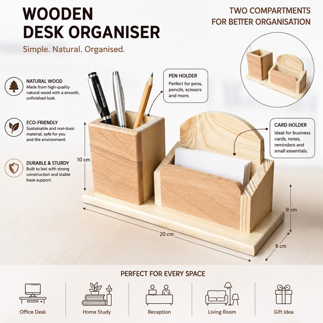 Wooden Desk Organizer with Pen Holder & Memo Card Stand Office thumbnail 4