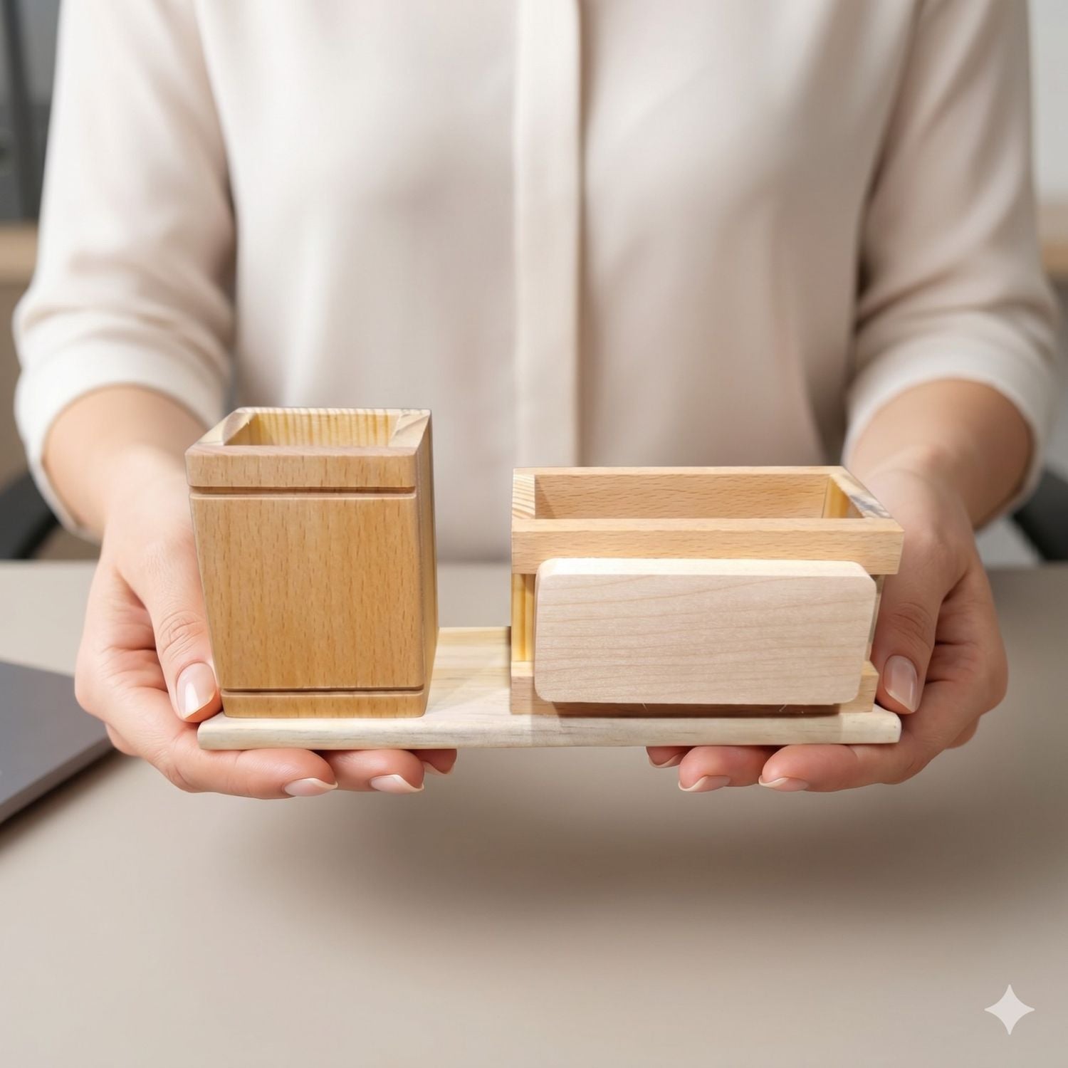Wooden Desk Organizer with Pen Holder & Note Card Stand Office thumbnail 2