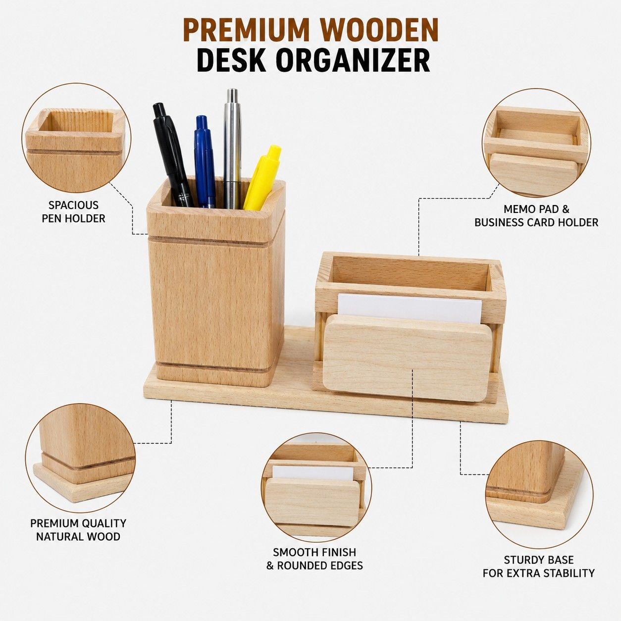 Wooden Desk Organizer with Pen Holder & Note Card Stand Office thumbnail 3