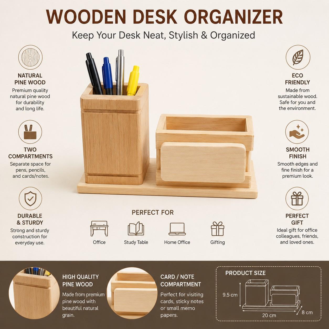 Wooden Desk Organizer with Pen Holder & Note Card Stand Office thumbnail 4