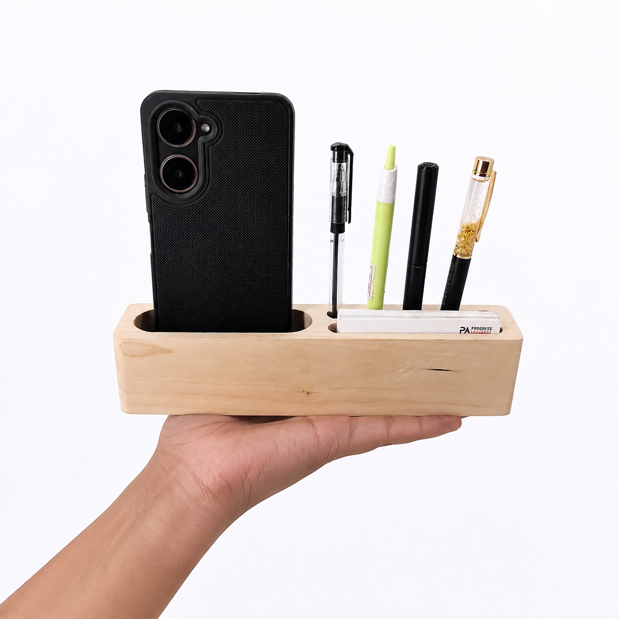 Wooden Desk Organizer with Phone Stand and Pen Holder Storage thumbnail 2